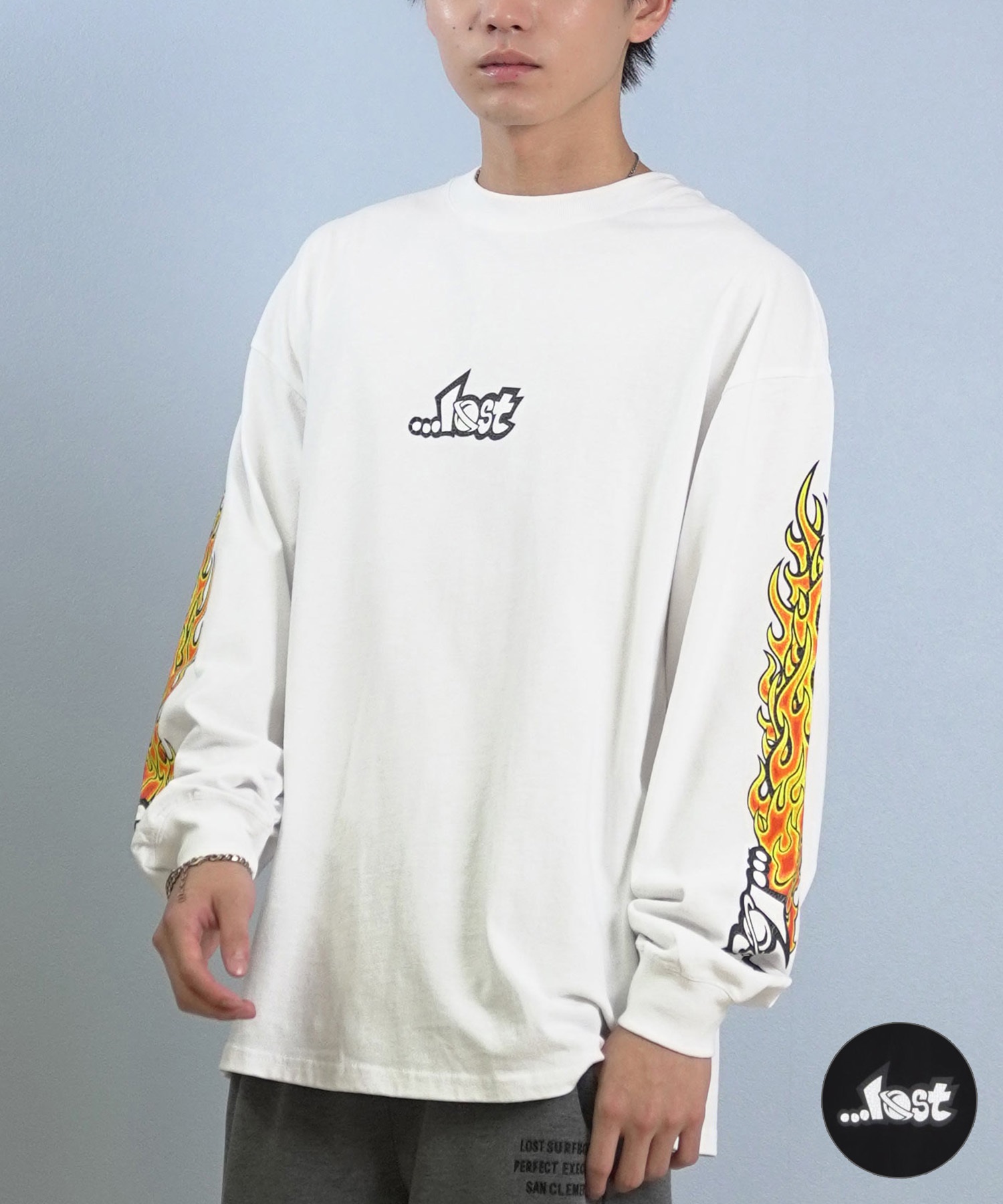 LOST ロスト 長袖 Tシャツ ロンT メンズ 袖プリント 古着風 ヴィンテージ加工 L25F-2204 ムラサキスポーツ限定(WHT-M)