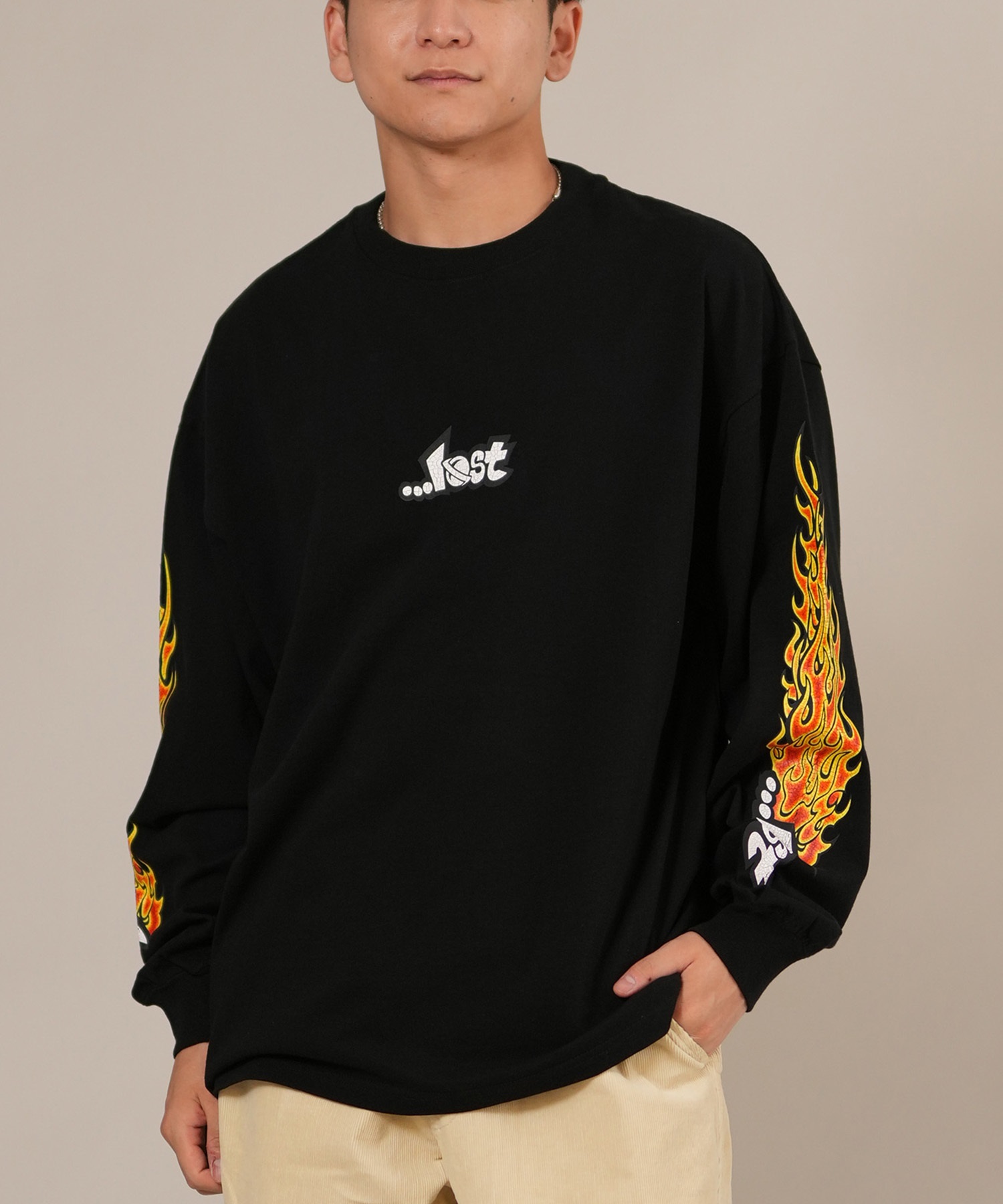 LOST ロスト 長袖 Tシャツ ロンT メンズ 袖プリント 古着風 ヴィンテージ加工 L25F-2204 ムラサキスポーツ限定(BLK-M)