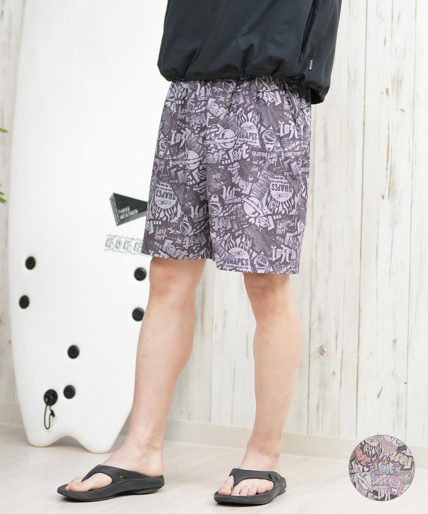 LOST ロスト ショートパンツ メンズ ショーツ 総柄 水陸両用 セットアップ対応 L25S-3301 ムラサキスポーツ限定(BLK-M)