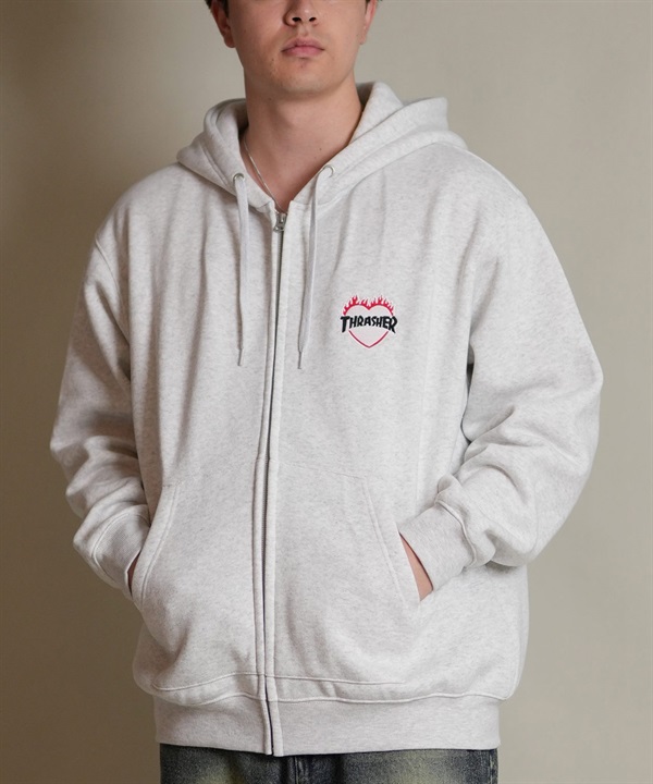 THRASHER スラッシャー ジップアップ パーカー メンズ スウェット フーディー ロゴ ワンポイント 裏起毛 254TH1PK065(WHT-M)