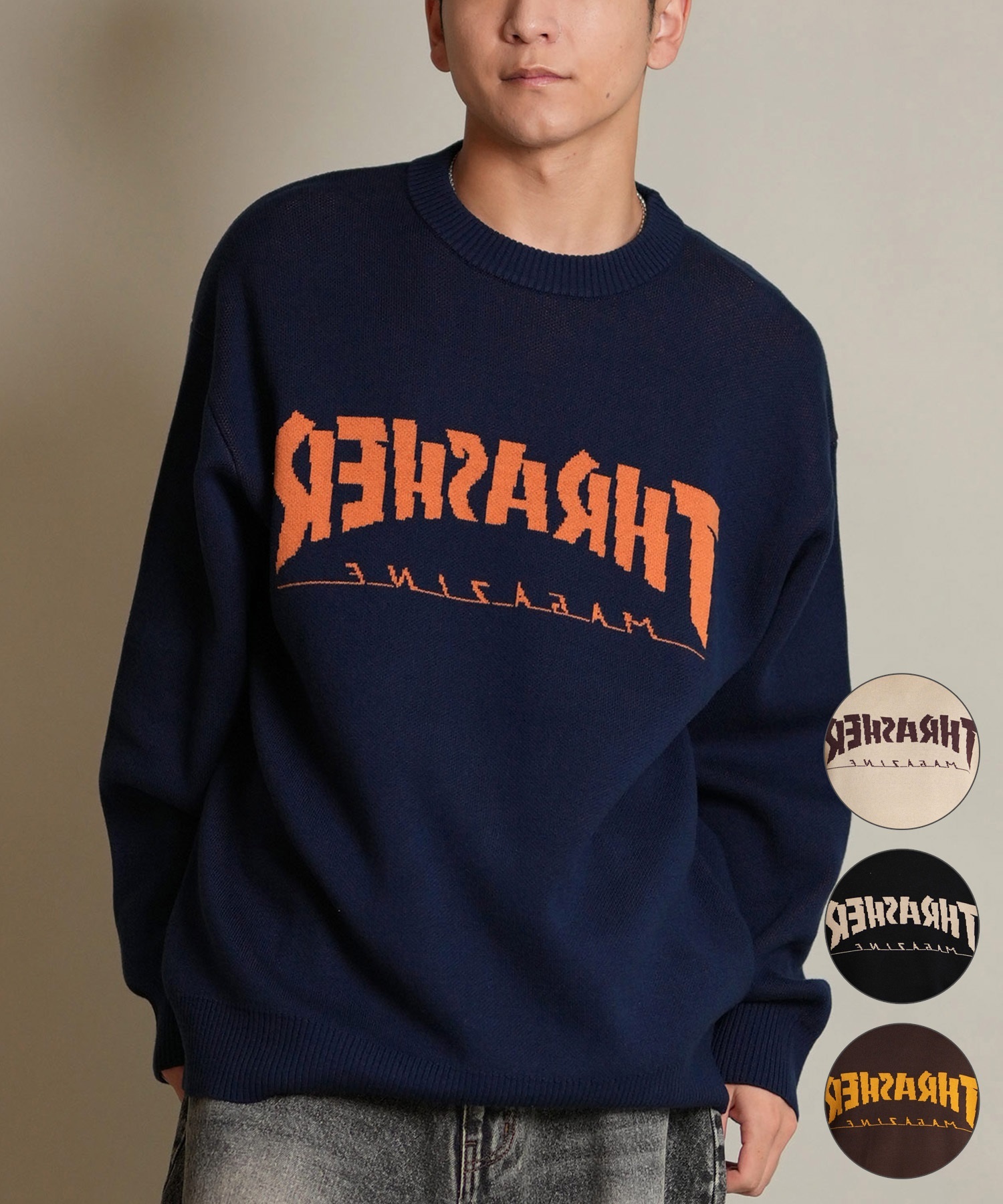 THRASHER スラッシャー ニット セーター メンズ クルーネック 反転ロゴ