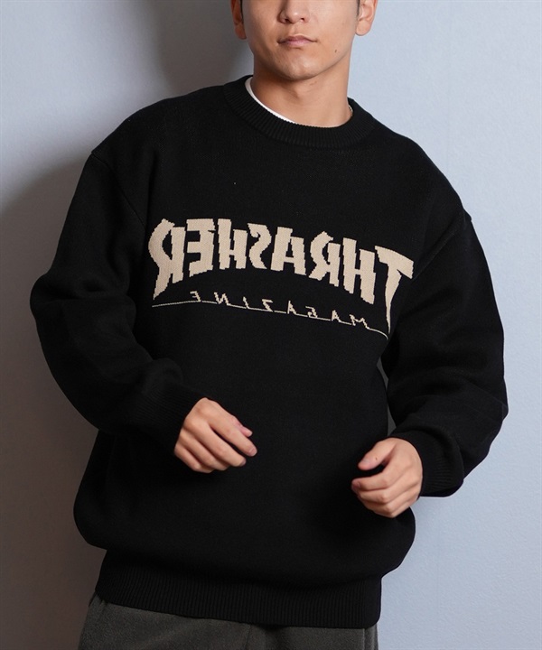 THRASHER スラッシャー ニット セーター メンズ クルーネック 反転ロゴ ジャガード織り 254TH1KN071