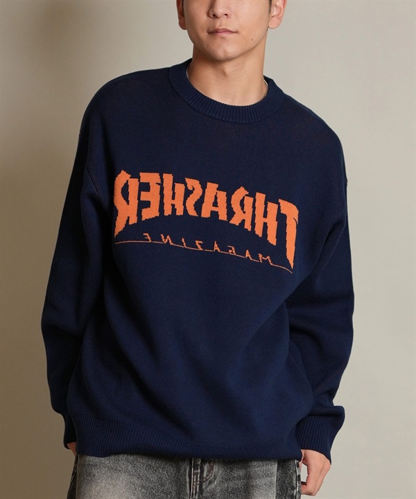 THRASHER スラッシャー ニット セーター メンズ クルーネック 反転ロゴ ジャガード織り 254TH1KN071