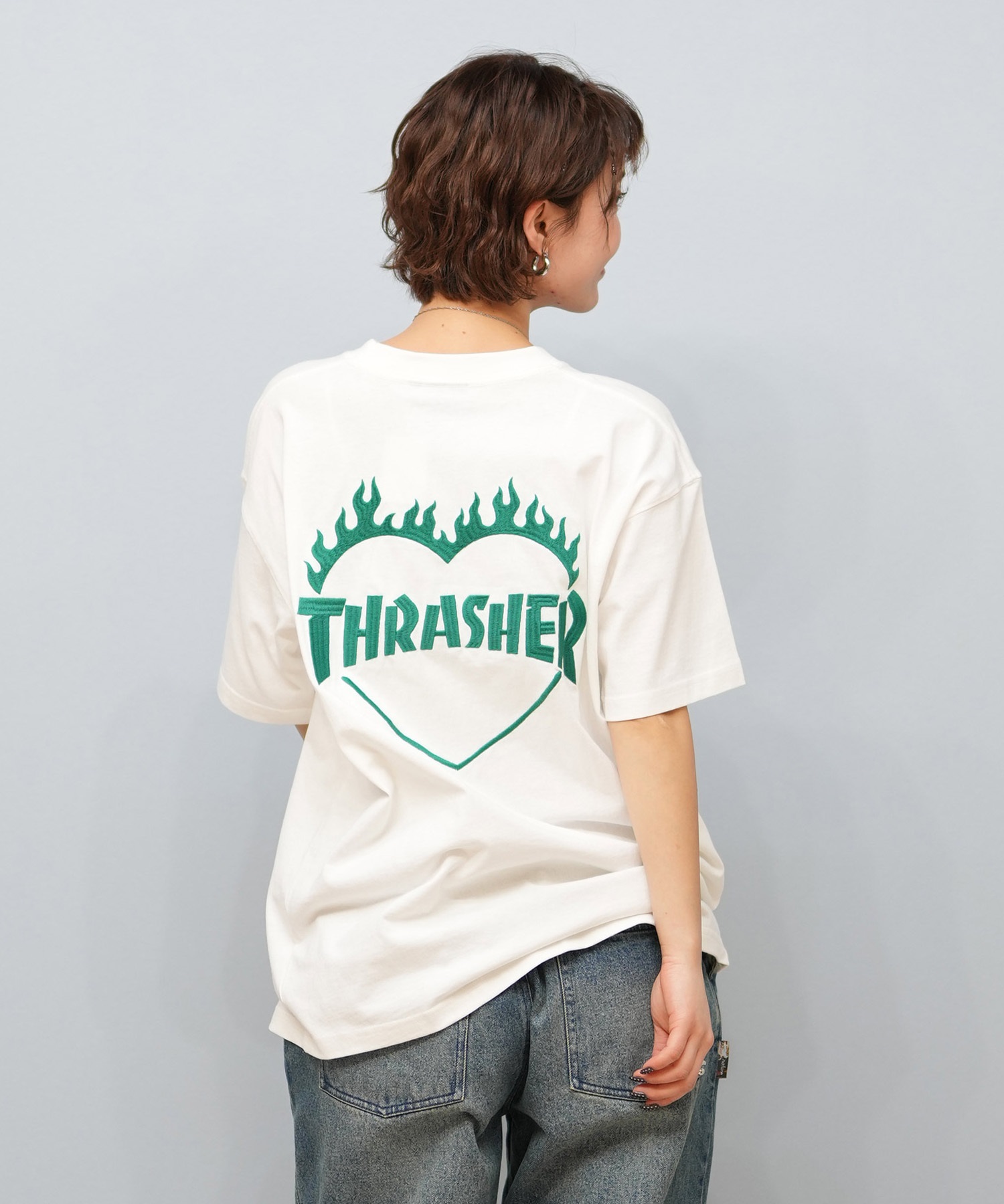 THRASHER スラッシャー 半袖 Tシャツ レディース バックプリント バーニングハート 252TH2ST030(WHT-3-M)
