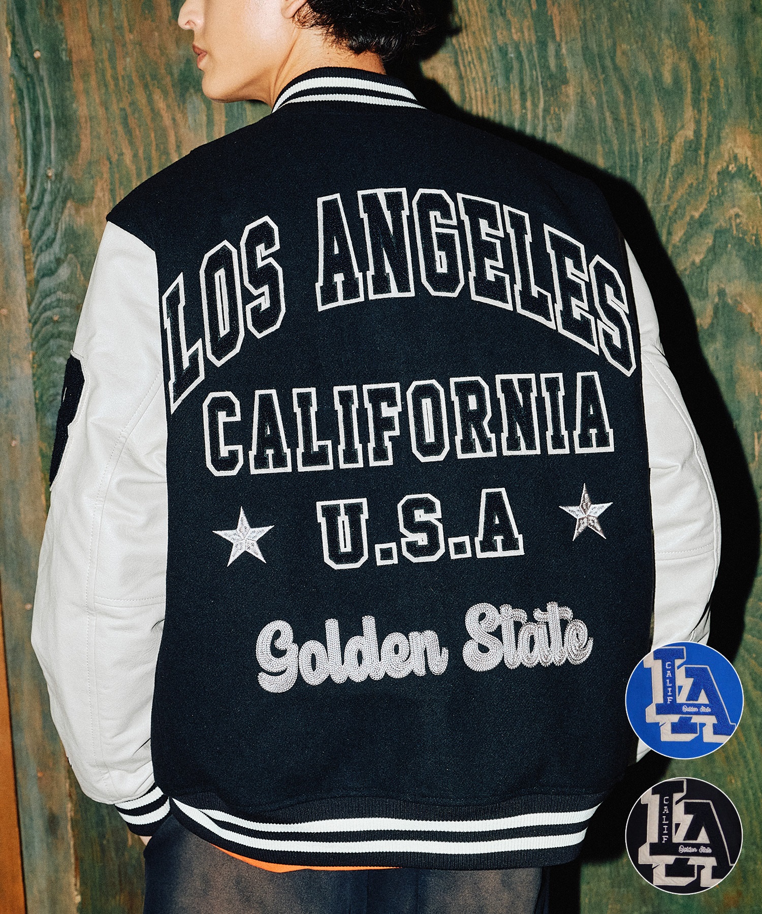 DEAR LAUREL ディアローレル × Pla-Jac プラジャック アウター スタジャン メンズ スタジアム ジャケット 防風 LA VARSITY JACKET D25F-0101(BK/WT-M)