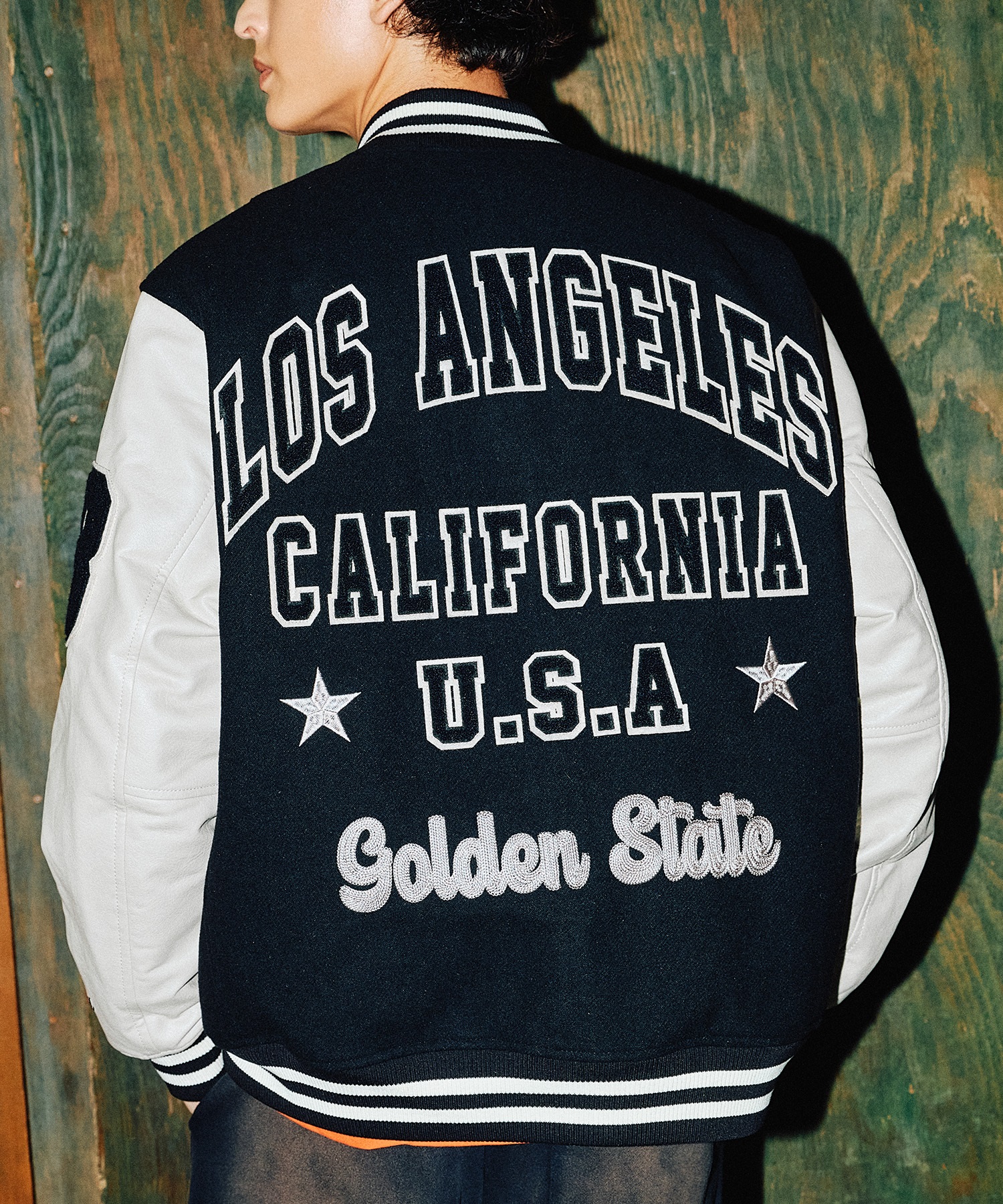 DEAR LAUREL ディアローレル × Pla-Jac プラジャック アウター スタジャン メンズ スタジアム ジャケット 防風 LA VARSITY JACKET D25F-0101(BK/WT-M)