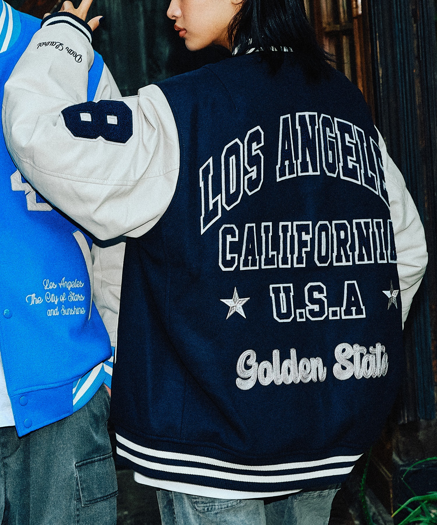DEAR LAUREL ディアローレル × Pla-Jac プラジャック アウター スタジャン メンズ スタジアム ジャケット 防風 LA VARSITY JACKET D25F-0101(NV/WT-M)