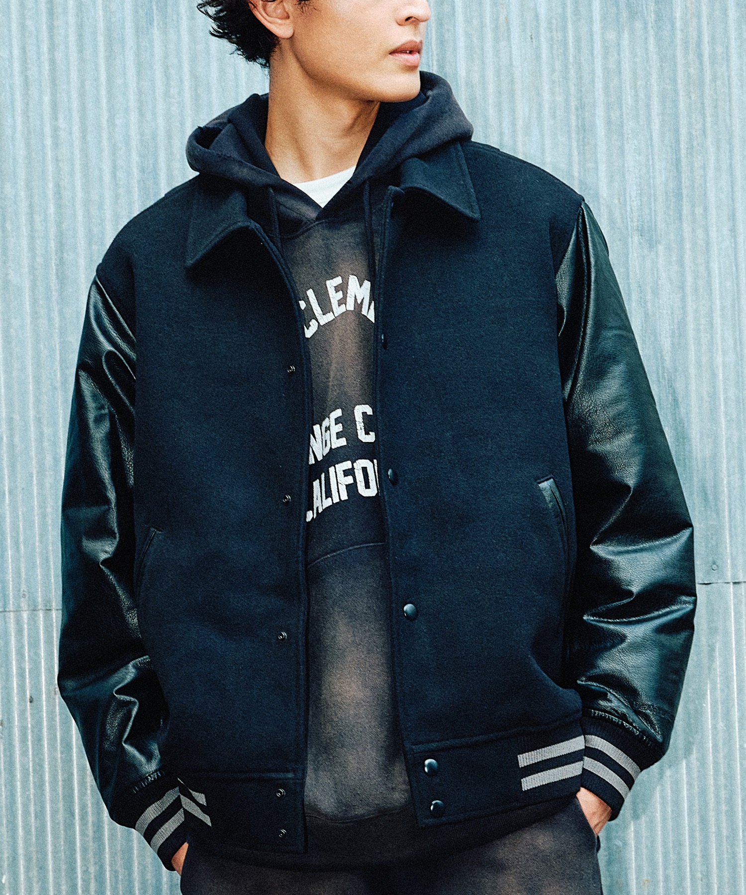 DEAR LAUREL ディアローレル × Pla-Jac プラジャック アウター スタジャン メンズ スタジアム ジャケット 防風 VARSITY JACKET D25F-0102(BK/BK-M)