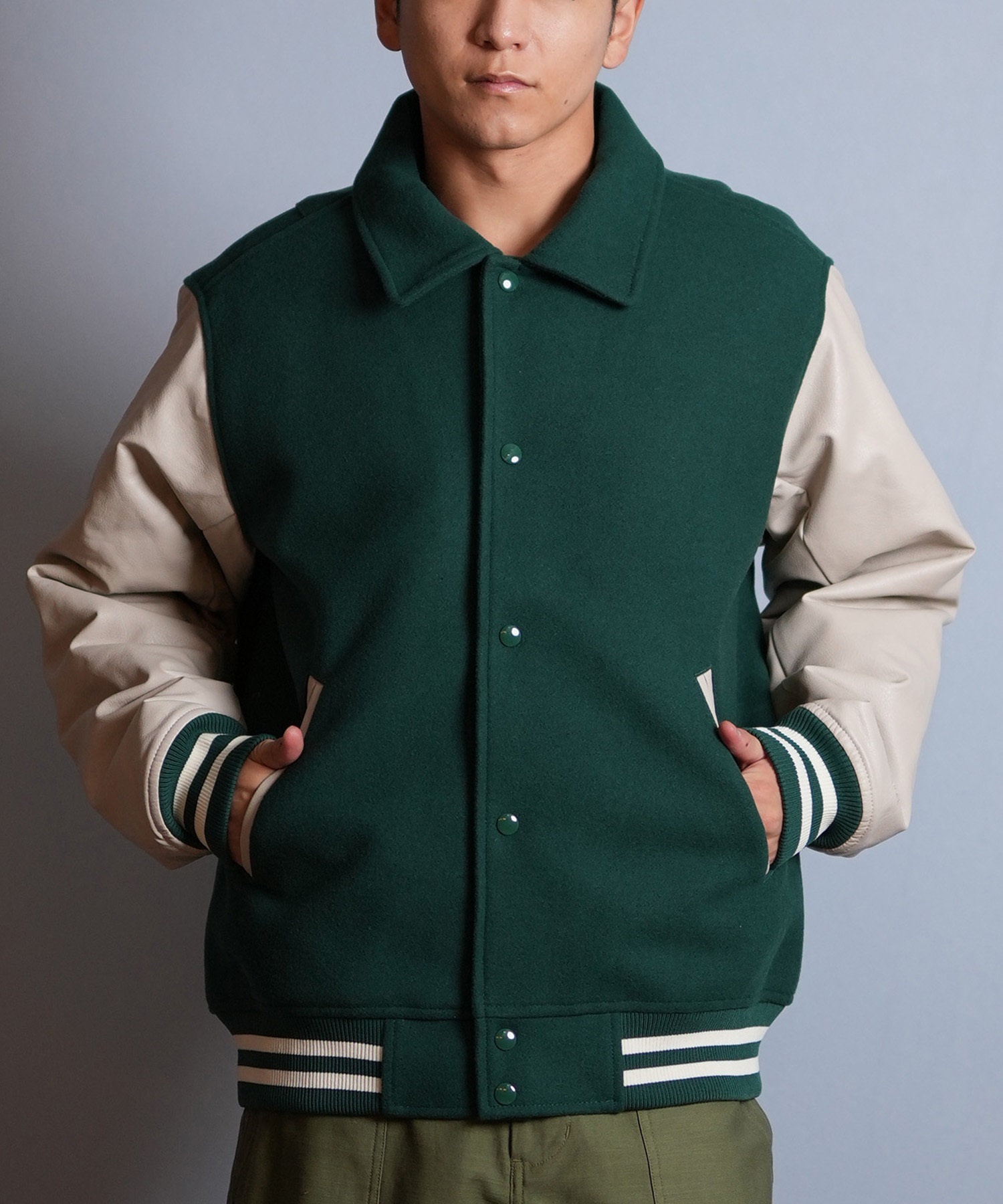 DEAR LAUREL ディアローレル × Pla-Jac プラジャック アウター スタジャン メンズ スタジアム ジャケット 防風 VARSITY JACKET D25F-0102(GN/WT-M)