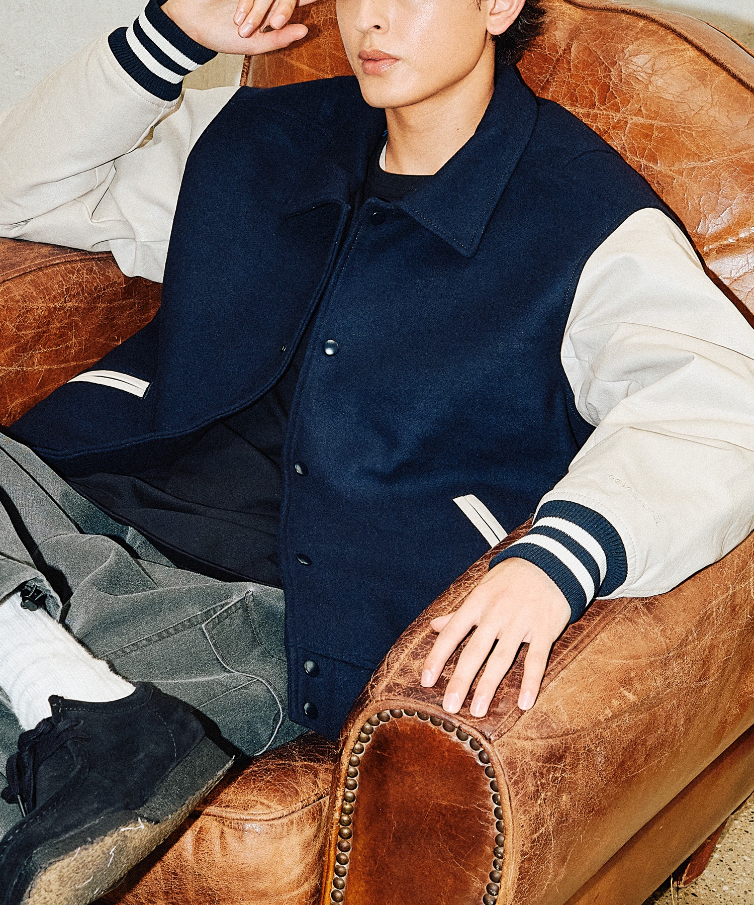 DEAR LAUREL ディアローレル × Pla-Jac プラジャック アウター スタジャン メンズ スタジアム ジャケット 防風 VARSITY JACKET D25F-0102(NV/WT-M)