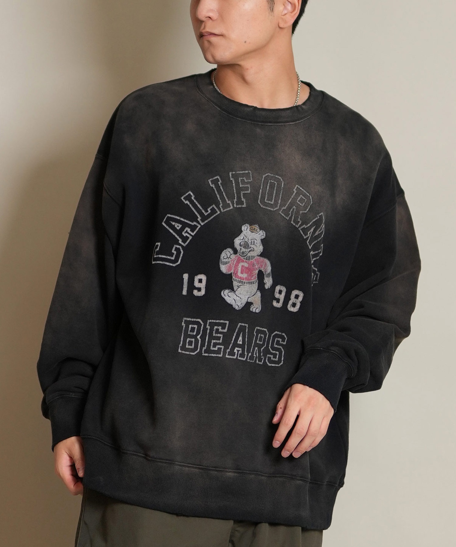 DEAR LAUREL ディアローレル トレーナー スウェット メンズ クルーネック カレッジロゴ風 ヴィンテージ加工 裏毛 Vintage Crew D25F-1101(BLK-M)