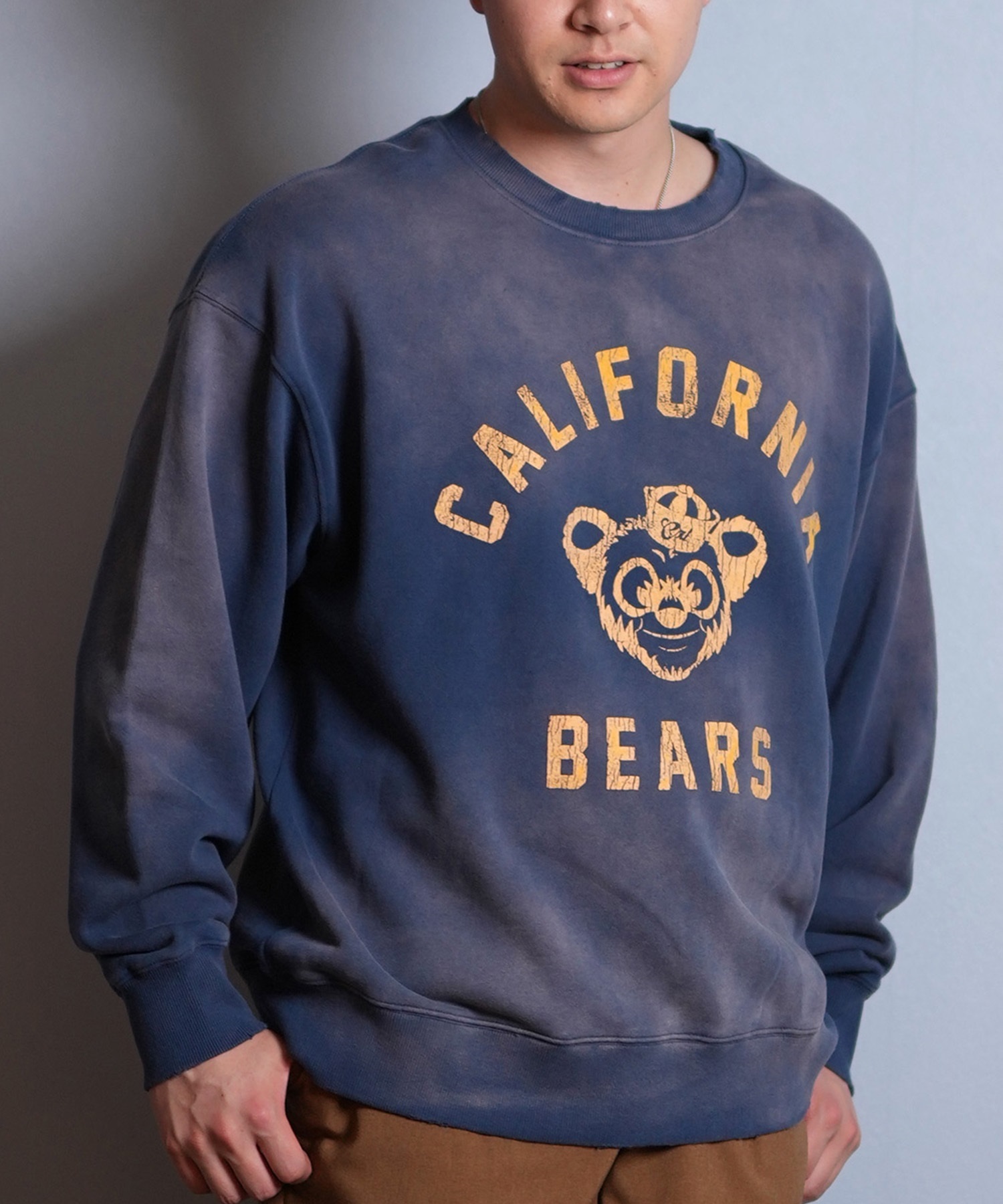 DEAR LAUREL ディアローレル トレーナー スウェット メンズ クルーネック カレッジロゴ風 ヴィンテージ加工 裏毛 Vintage Crew D25F-1101(NVY-M)