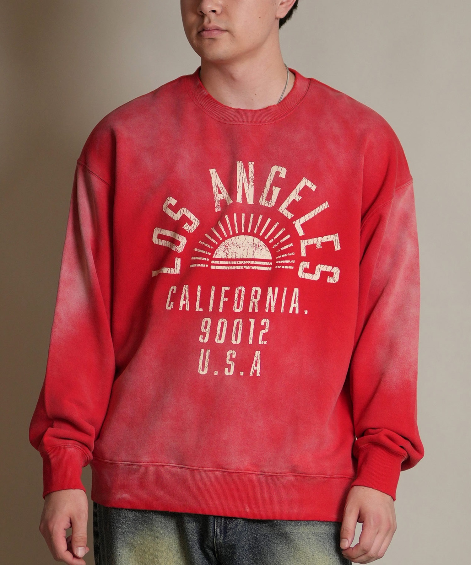DEAR LAUREL ディアローレル トレーナー スウェット メンズ クルーネック カレッジロゴ風 ヴィンテージ加工 裏毛 Vintage Crew D25F-1101(RED-M)