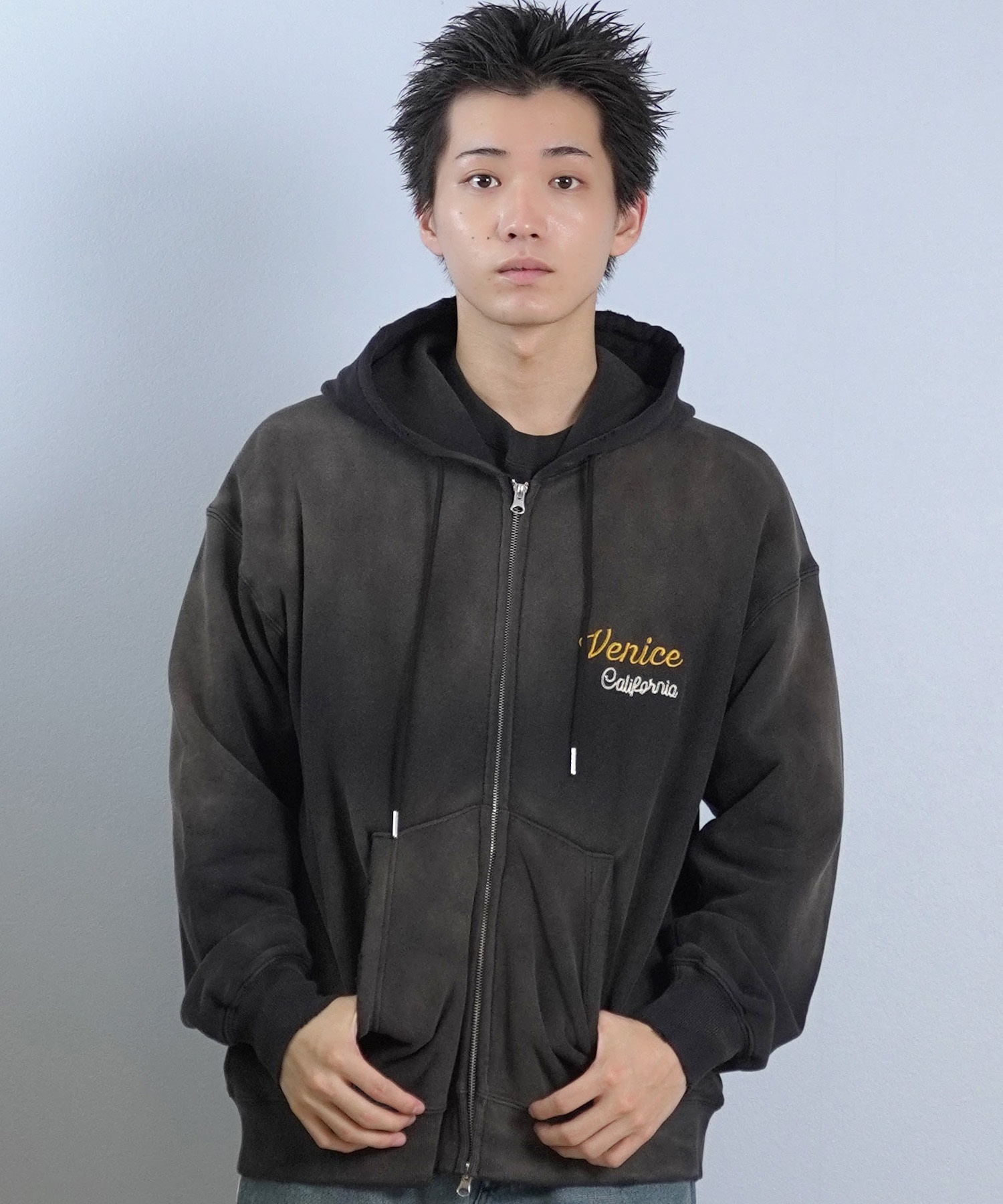 DEAR LAUREL ディアローレル ジップアップ パーカー メンズ 古着風 ヴィンテージ加工 D25F-1203 ムラサキスポーツ限定(BLK-M)