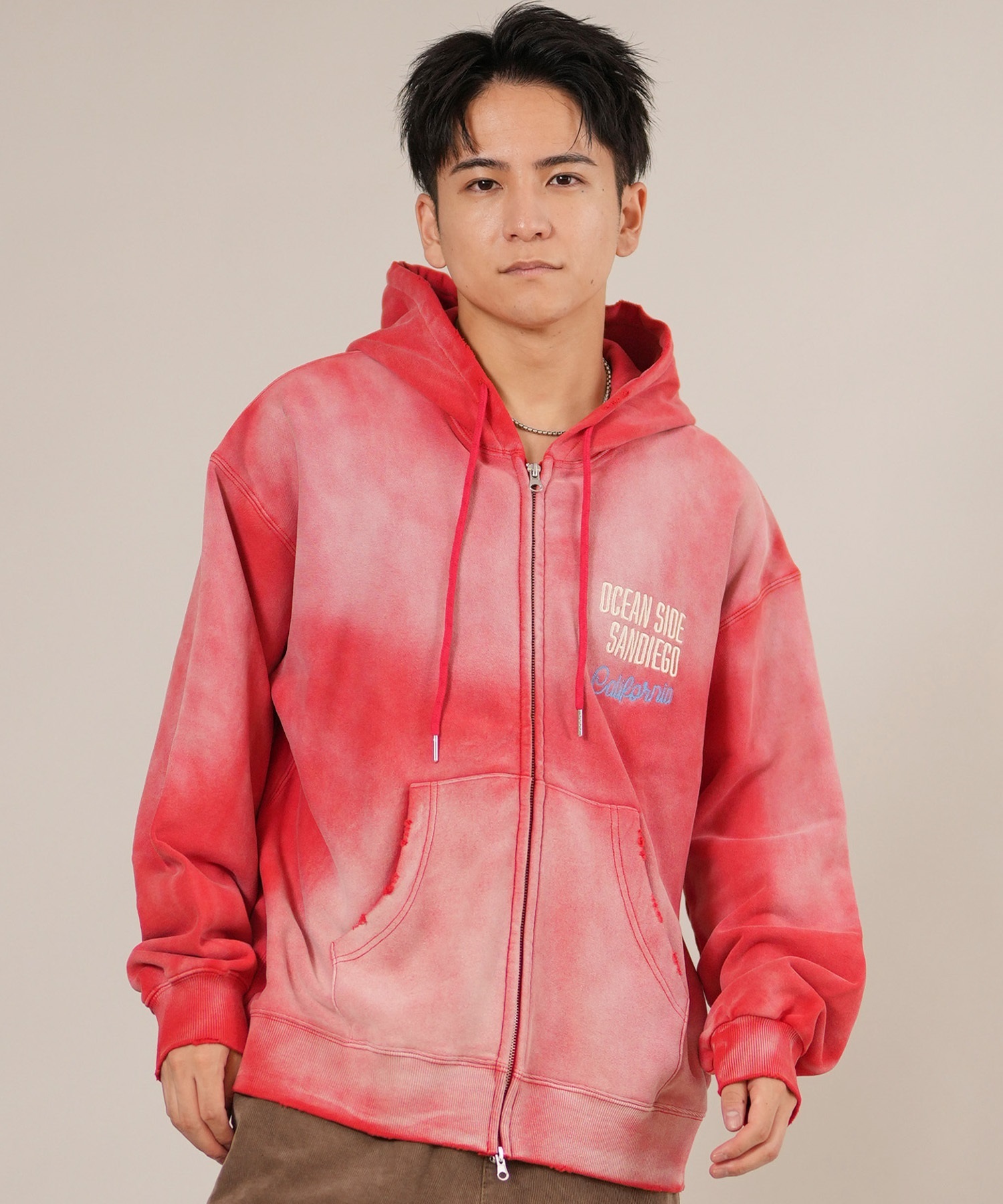 DEAR LAUREL ディアローレル ジップアップ パーカー メンズ 古着風 ヴィンテージ加工 D25F-1203 ムラサキスポーツ限定(RED-M)