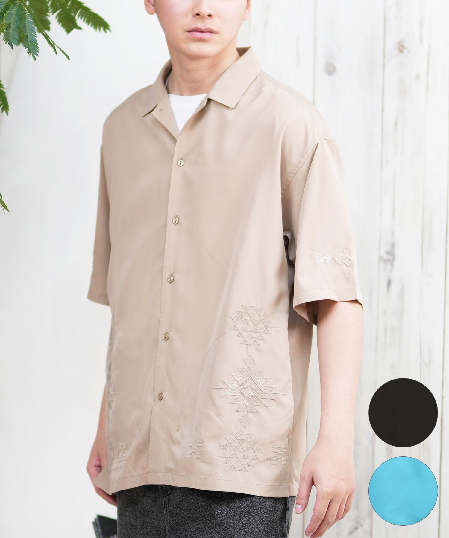 DEAR LAUREL ディアローレル 半袖 シャツ メンズ キューバシャツ 刺繍 D25S2402(BLK-M)