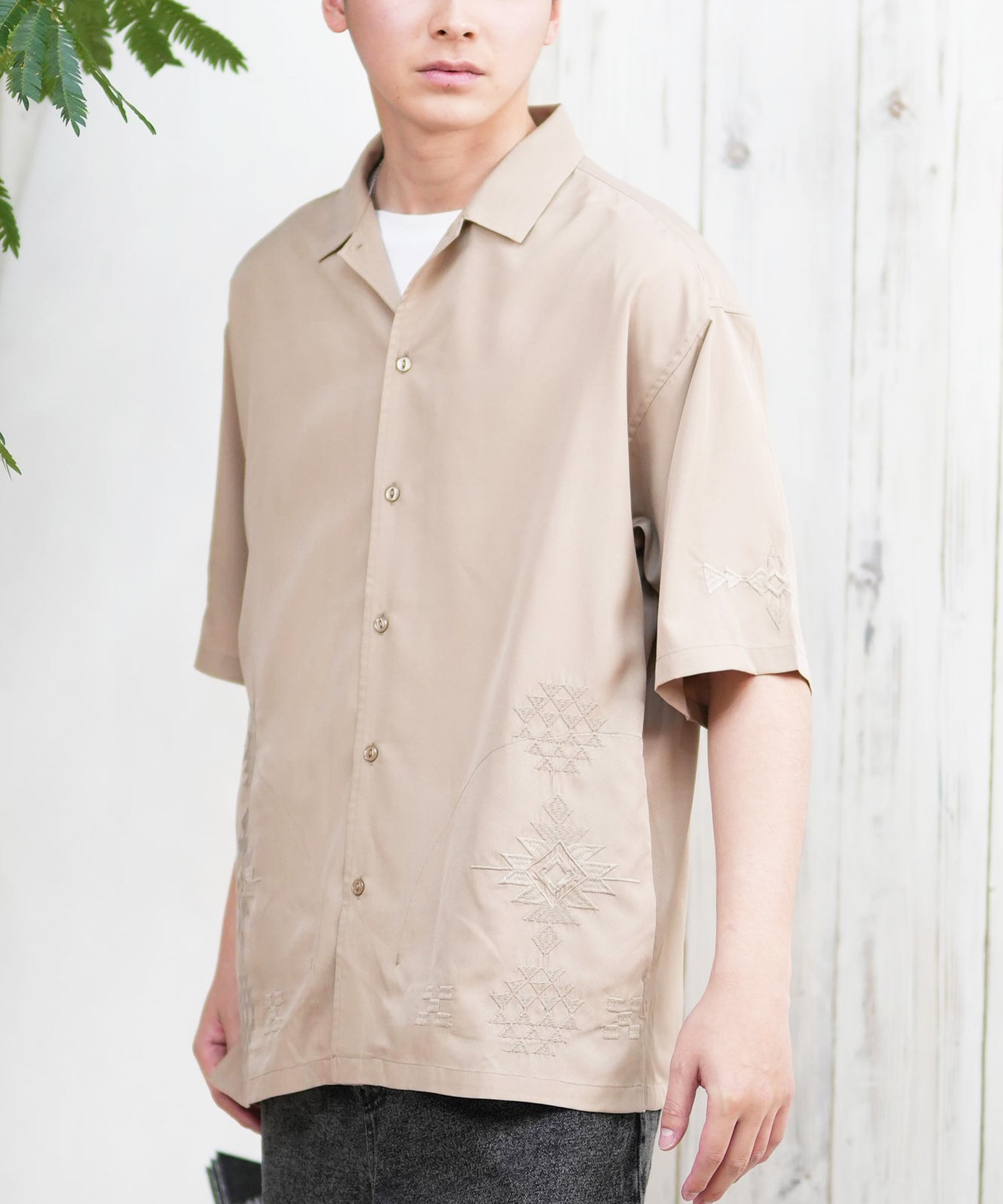 DEAR LAUREL ディアローレル 半袖 シャツ メンズ キューバシャツ 刺繍 D25S2402(BEG-M)