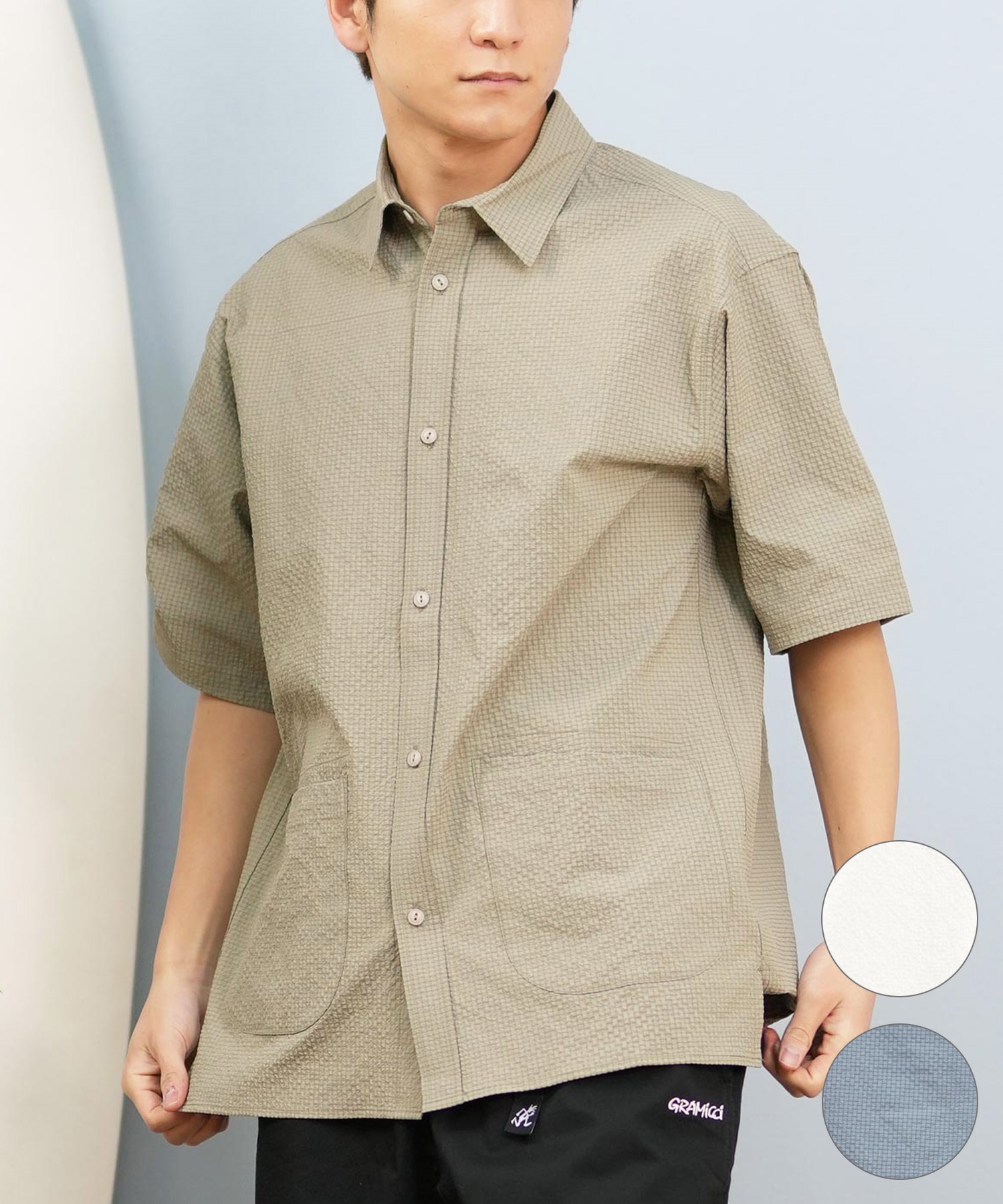 DEAR LAUREL ディアローレル 半袖 シャツ メンズ シアサッカー素材 軽量 ストレッチ 速乾 SEERSUCKER SHIRT D25S2404(OFF-M)
