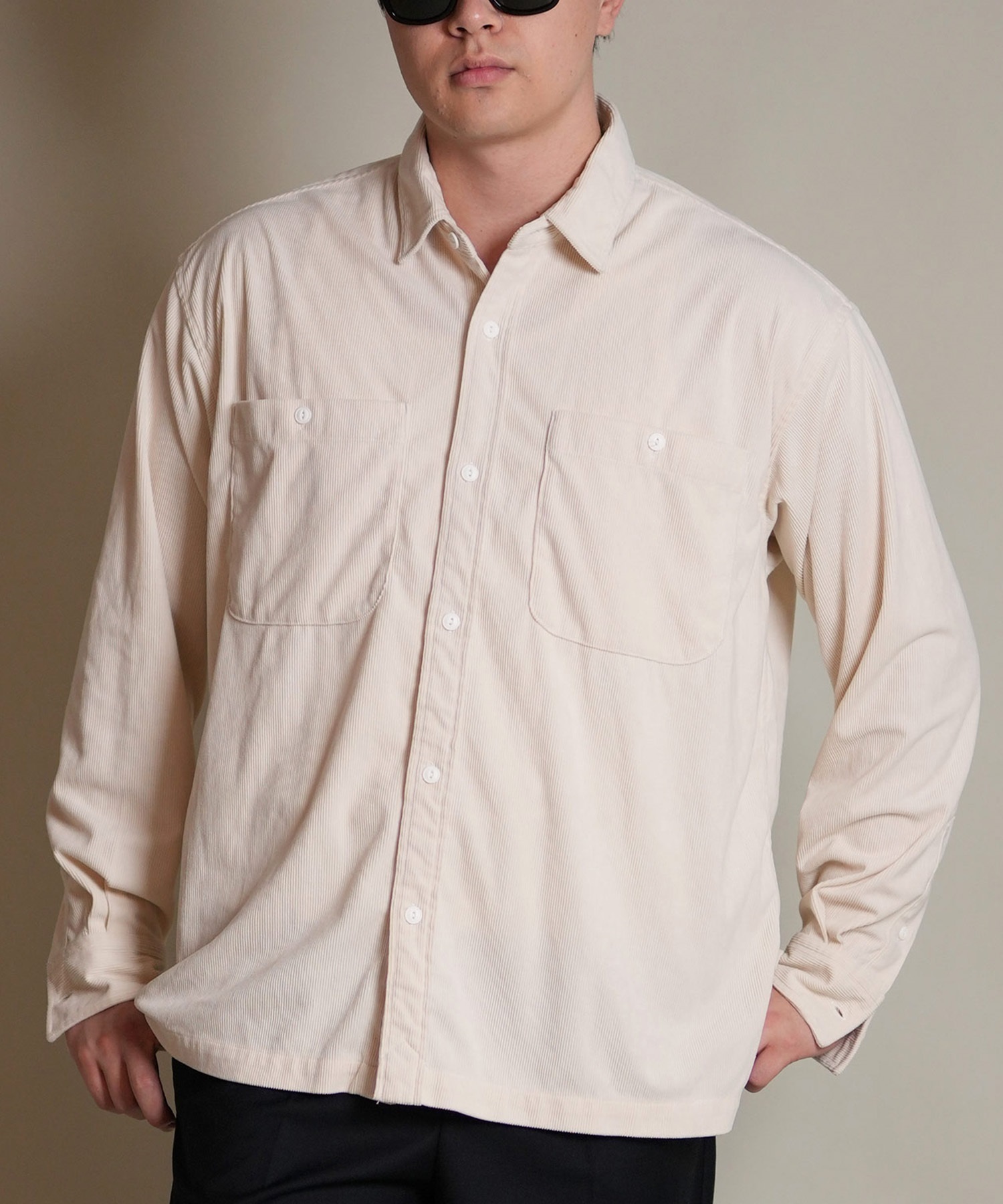 DEAR LAUREL ディアローレル 長袖 シャツ メンズ コーデュロイ 無地 シンプル CORDUROY SHIRT D25F-2602(WHT-M)