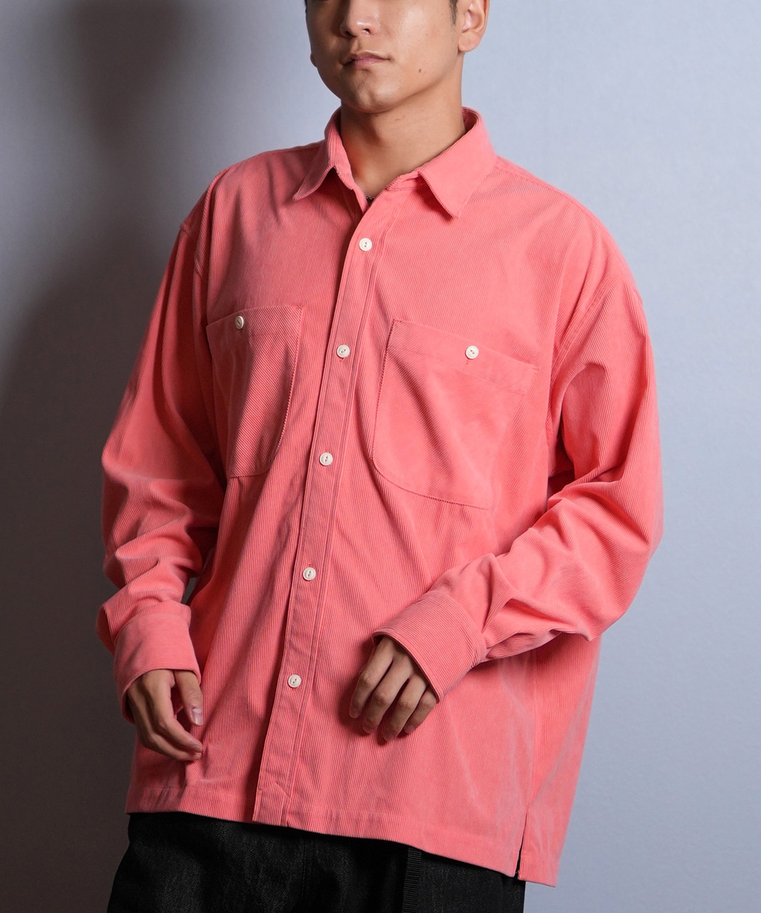 DEAR LAUREL ディアローレル 長袖 シャツ メンズ コーデュロイ 無地 シンプル CORDUROY SHIRT D25F-2602(PNK-M)