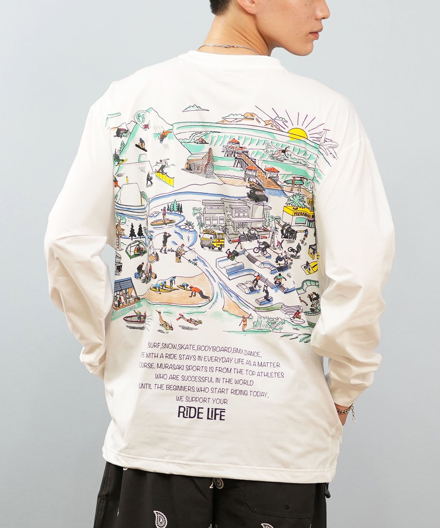 DEAR LAUREL ディアローレル 水着 ラッシュガード 長袖 Tシャツ ロンT メンズ 水陸両用 バックプリント D25S-4306(WHT-M)