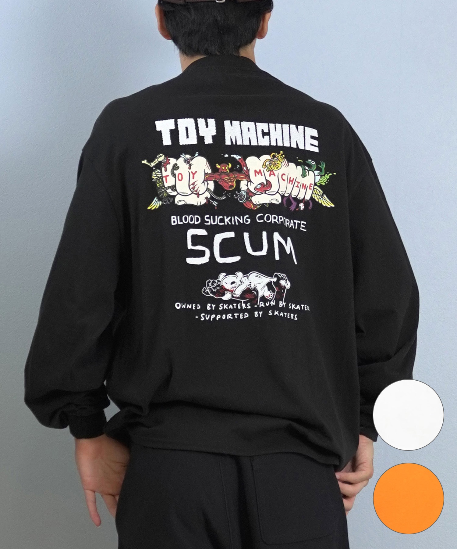TOY MACHINE トイマシーン 長袖 Tシャツ ロンT メンズ バックプリント 袖プリント ロゴ オーバーサイズ MTMFFLT1(WHITE-M)