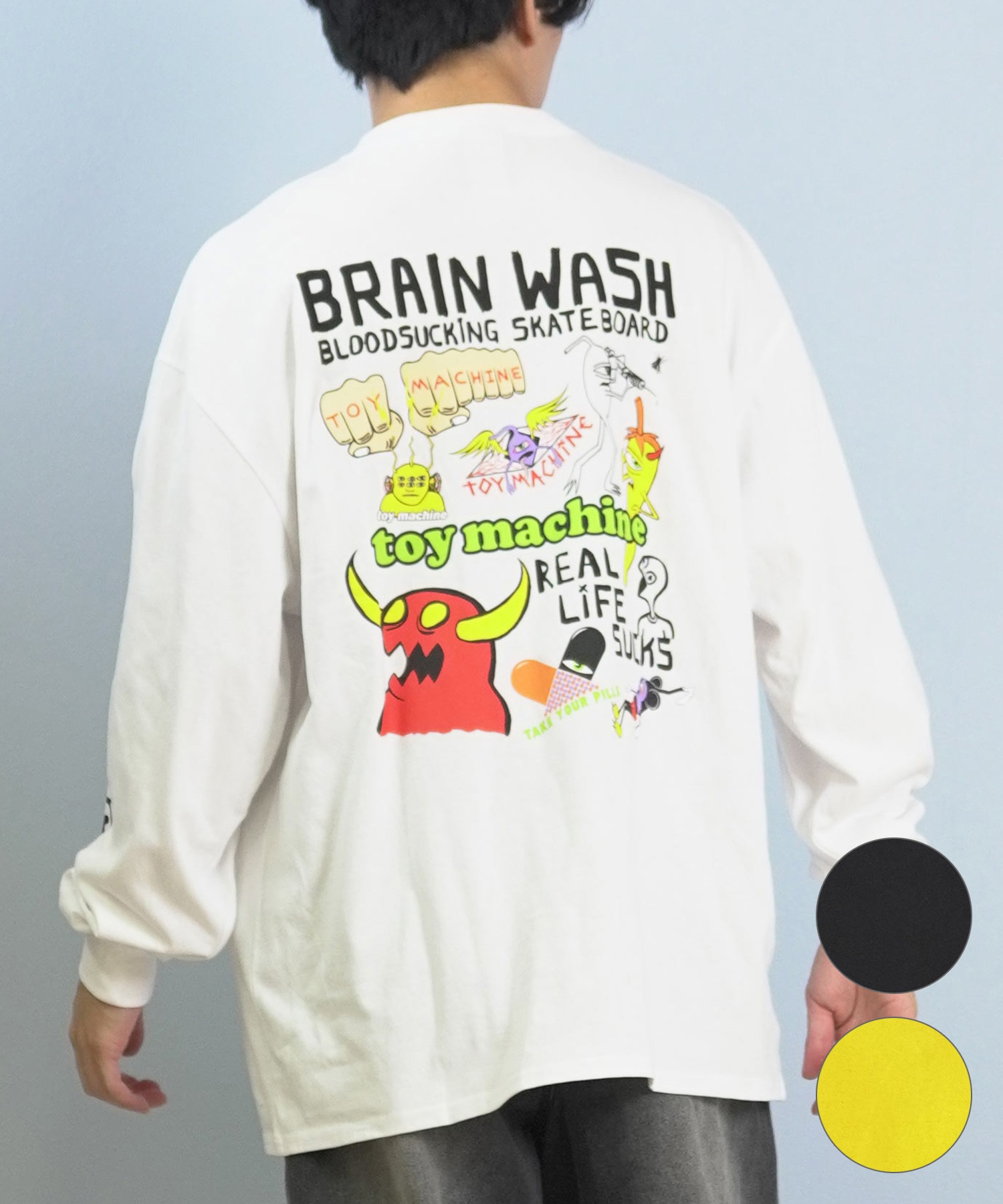 TOY MACHINE トイマシーン 長袖 Tシャツ ロンT メンズ バックプリント 袖プリント ロゴ オーバーサイズ MTMFFLT2(WHITE-M)