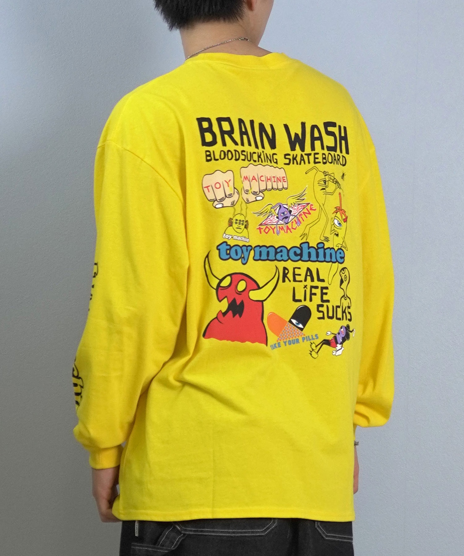 TOY MACHINE トイマシーン 長袖 Tシャツ ロンT メンズ バックプリント 袖プリント ロゴ オーバーサイズ MTMFFLT2(GOLD-M)