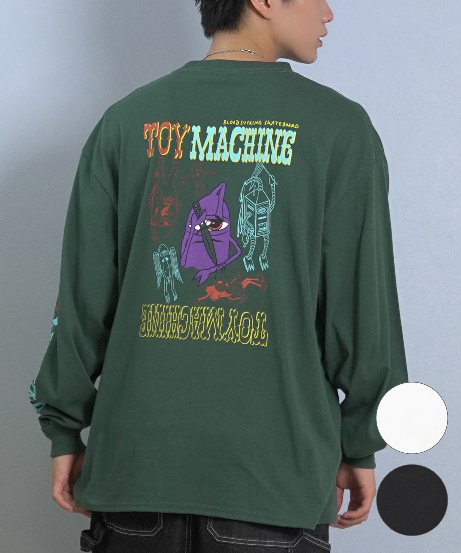 TOY MACHINE トイマシーン 長袖 Tシャツ ロンT メンズ バックプリント 袖プリント ロゴ オーバーサイズ MTMFFLT3(WHITE-M)