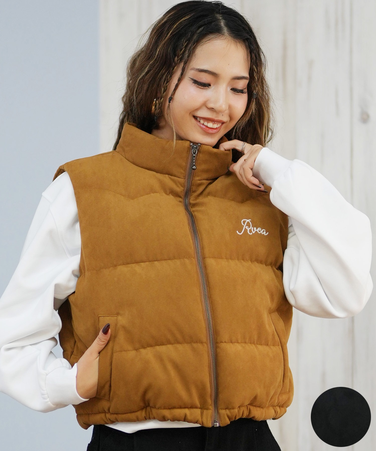 RVCA ルーカ ベスト レディース スエード ロゴ DEVON SUEDET PUFFER VEST BF044-755(BLK-S)