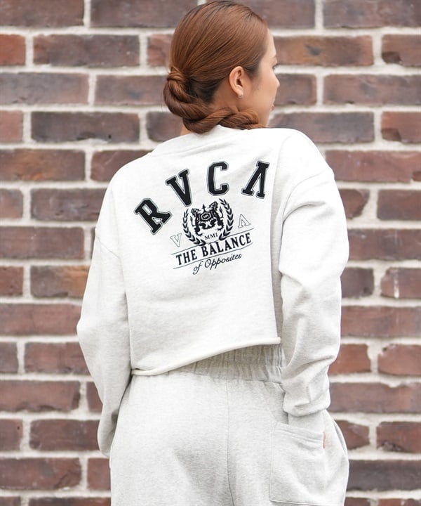 RVCA ルーカ トレーナー スウェット レディース バックプリント クロップド丈 ショート丈 裏毛 ARCH COLLEGE CROPPED CREW BF044-001