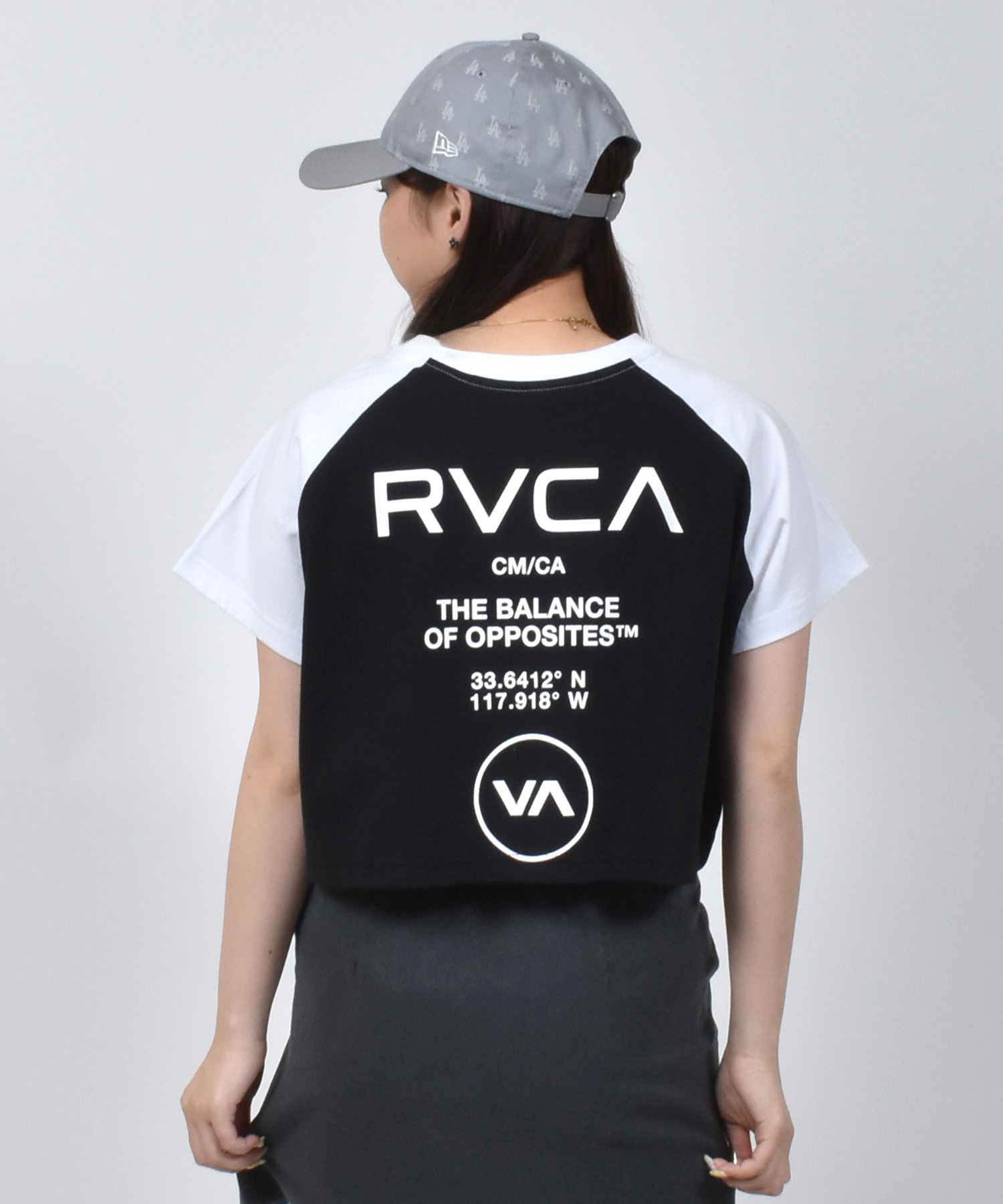 RVCA ルーカ 半袖 Tシャツ レディース クロップド丈 ショート丈 ラグラン バックプリント BF04C-P21(BLK-S)