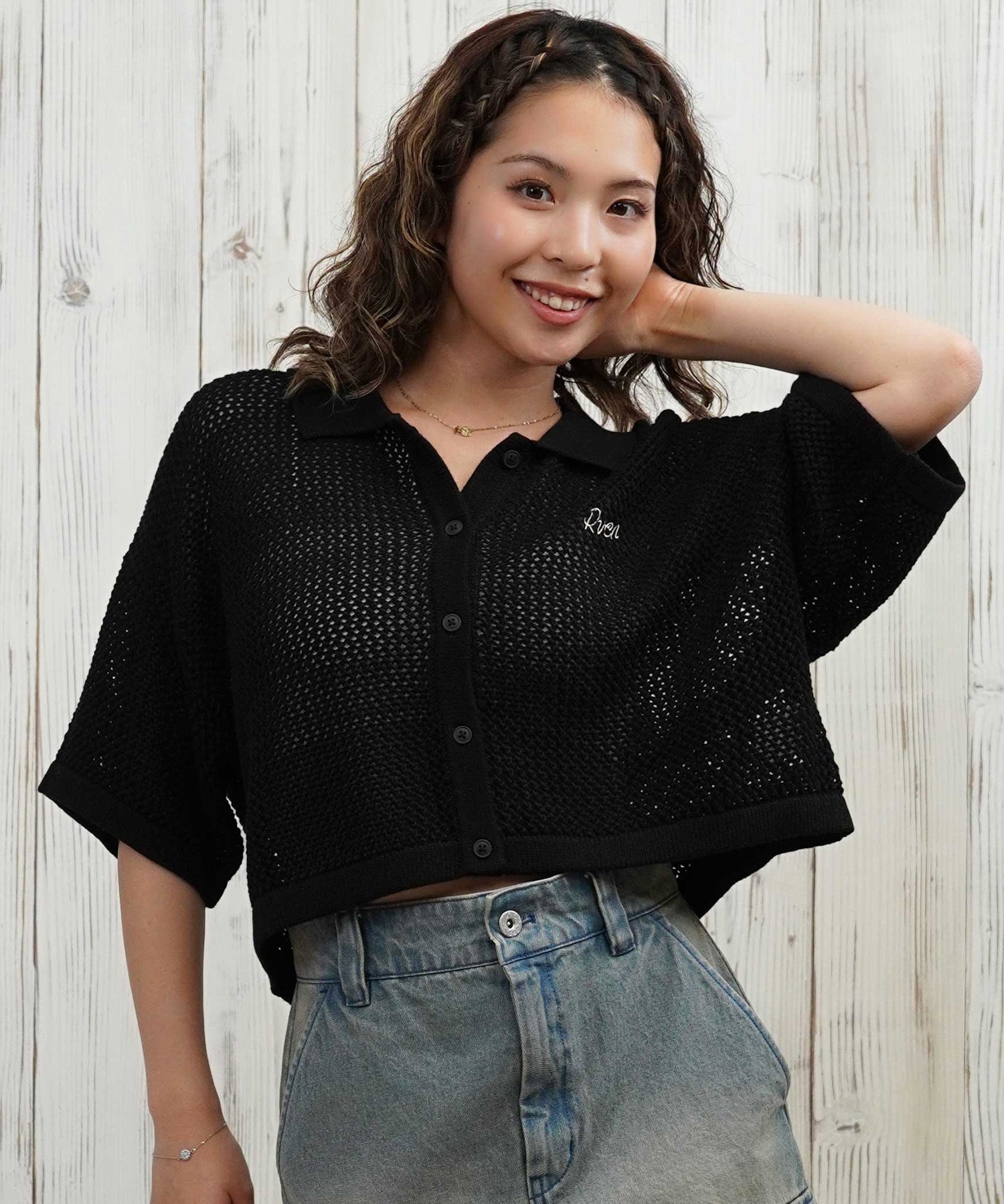 RVCA ルーカ 半袖 シャツ レディース ニットシャツ ショート丈 メッシュ BF04C-850(BLK-S)