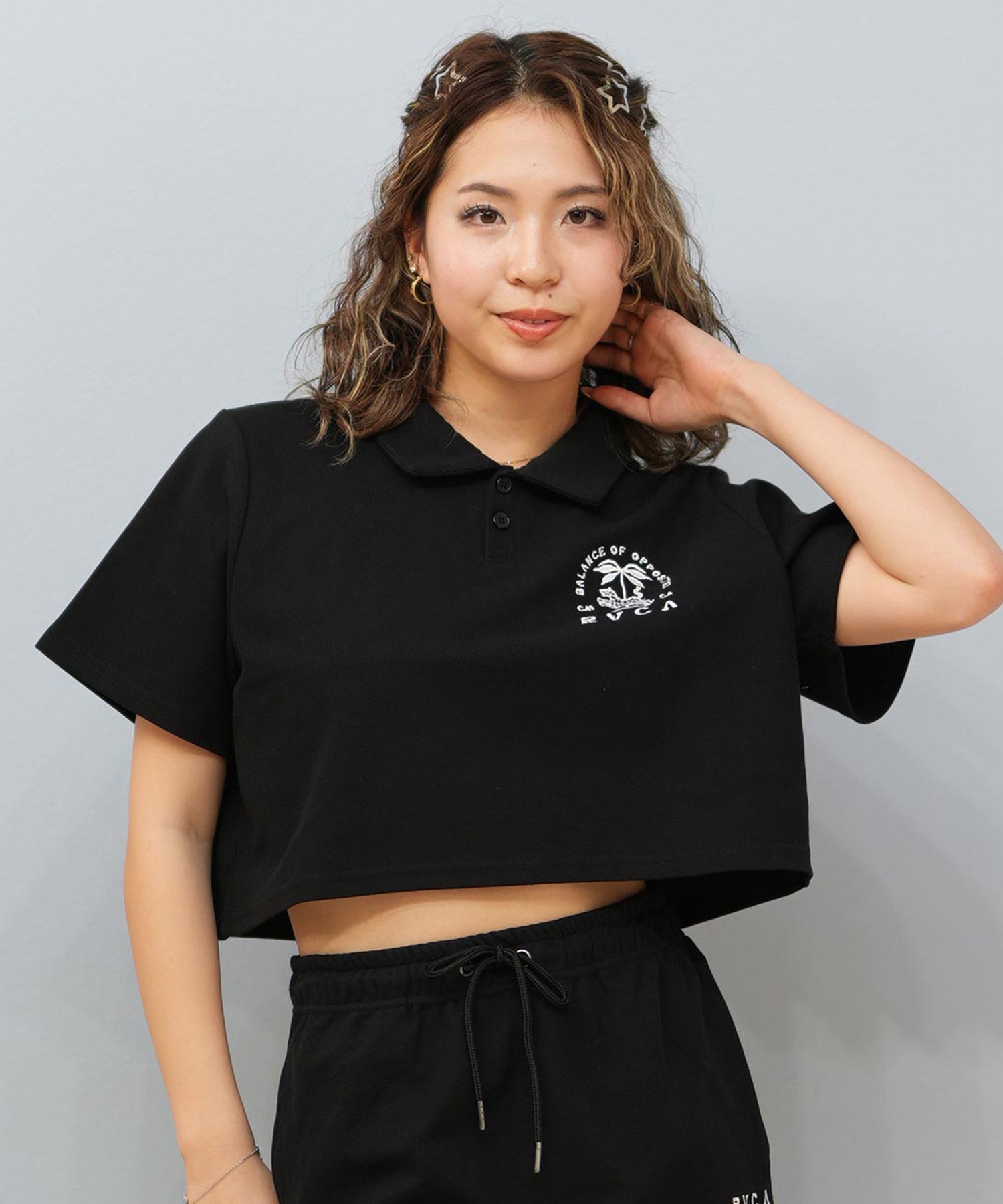 RVCA ルーカ 半袖 シャツ レディース ポロシャツ ショート丈 刺繍ロゴ BF04C-001(BLK-S)