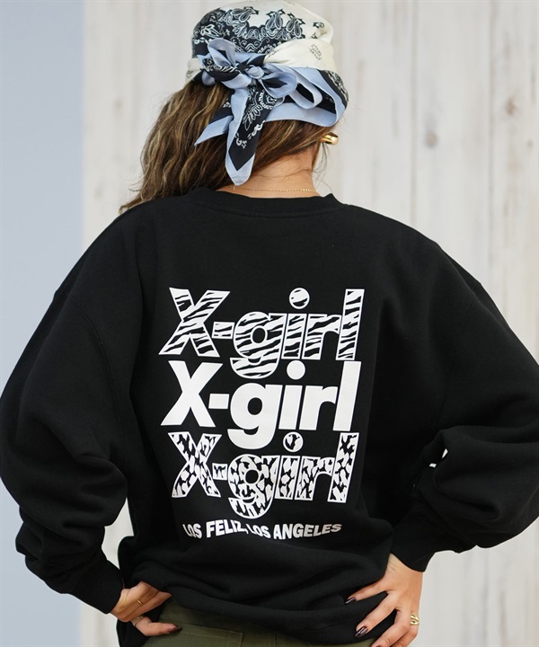 X-GIRL エックスガール トレーナー スウェット レディース バックプリント アニマル柄 ANIMAL TRIPLE LOGO SWEAT 105253012023