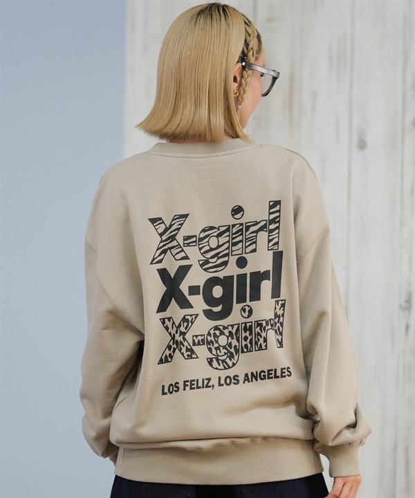 X-GIRL エックスガール トレーナー スウェット レディース バックプリント アニマル柄 ANIMAL TRIPLE LOGO SWEAT 105253012023
