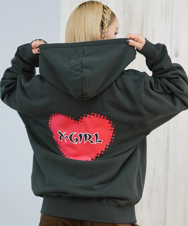 X-GIRL エックスガール ジップアップ パーカー レディース バックプリント ロゴ HEART ZIP UP HOODIE 105253012024