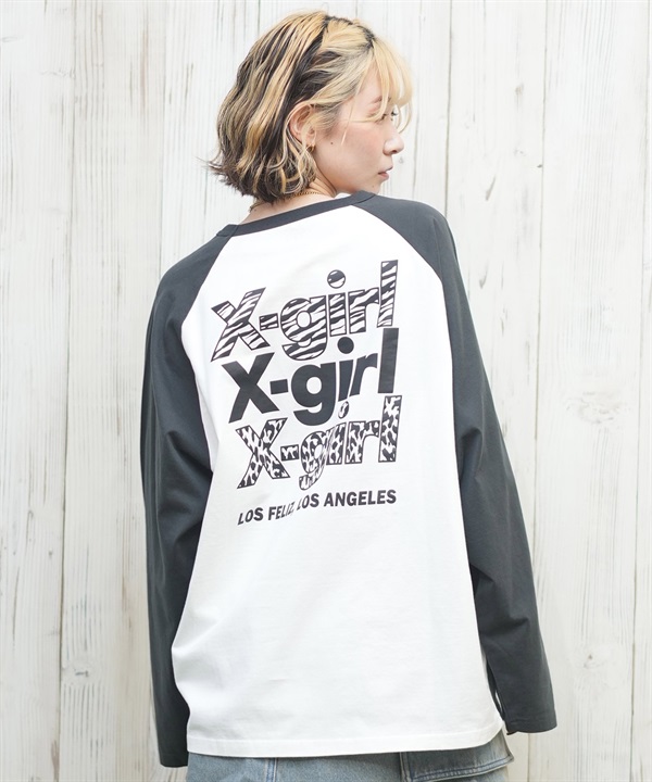 X-girl エックスガール 長袖 Tシャツ レディース ロンT ラグラン バックプリント オーバーサイズ ANML TRPL LG BB BIG TEE 105251011026