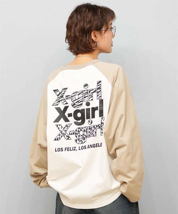 X-girl エックスガール 長袖 Tシャツ レディース ロンT ラグラン バックプリント オーバーサイズ ANML TRPL LG BB BIG TEE 105251011026