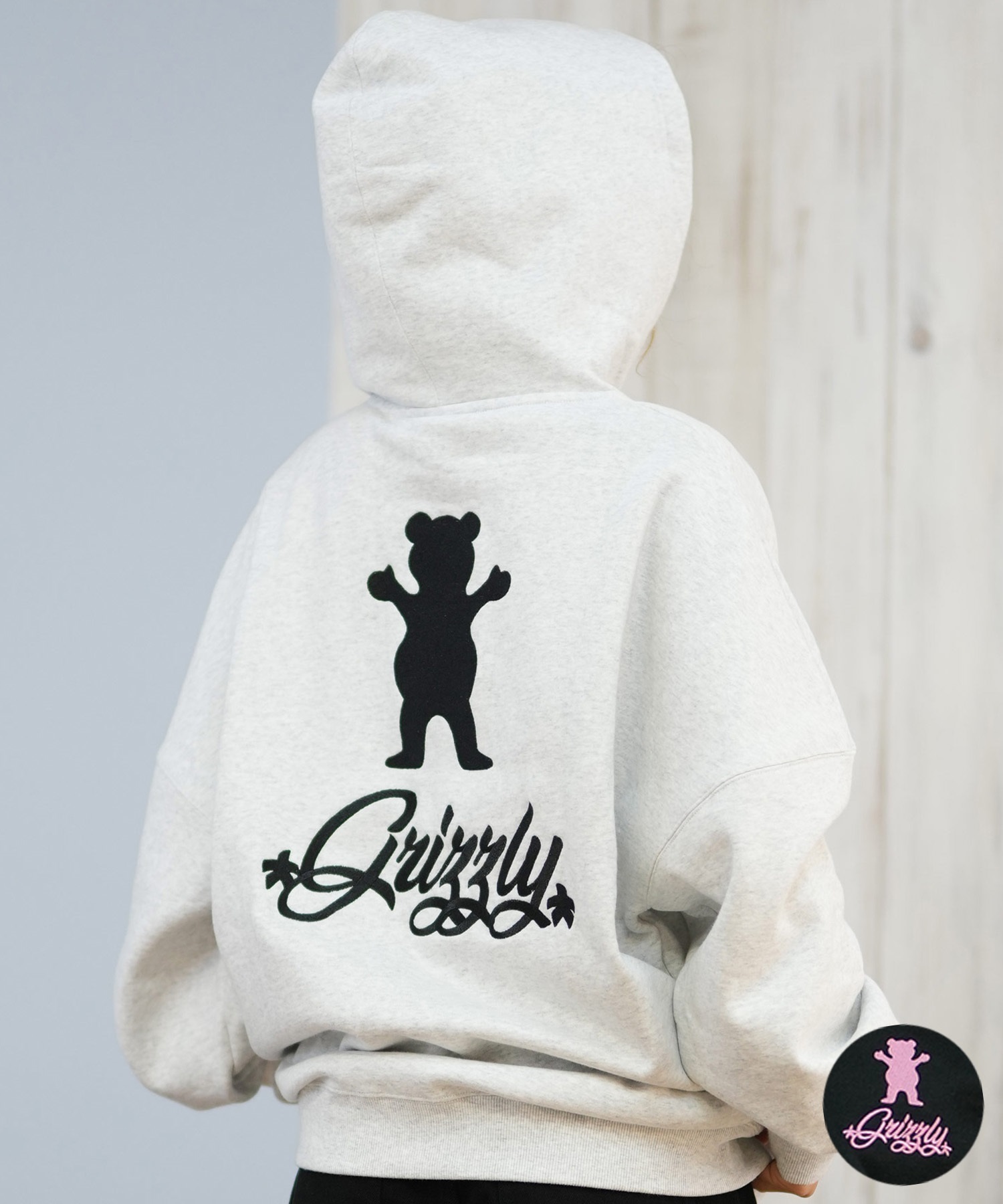 GRIZZLY グリズリー プルオーバー パーカー レディース バックプリント ロゴ 裏起毛 BIG EMBROIDERY BEAR G25FW-4332(BLK-M)