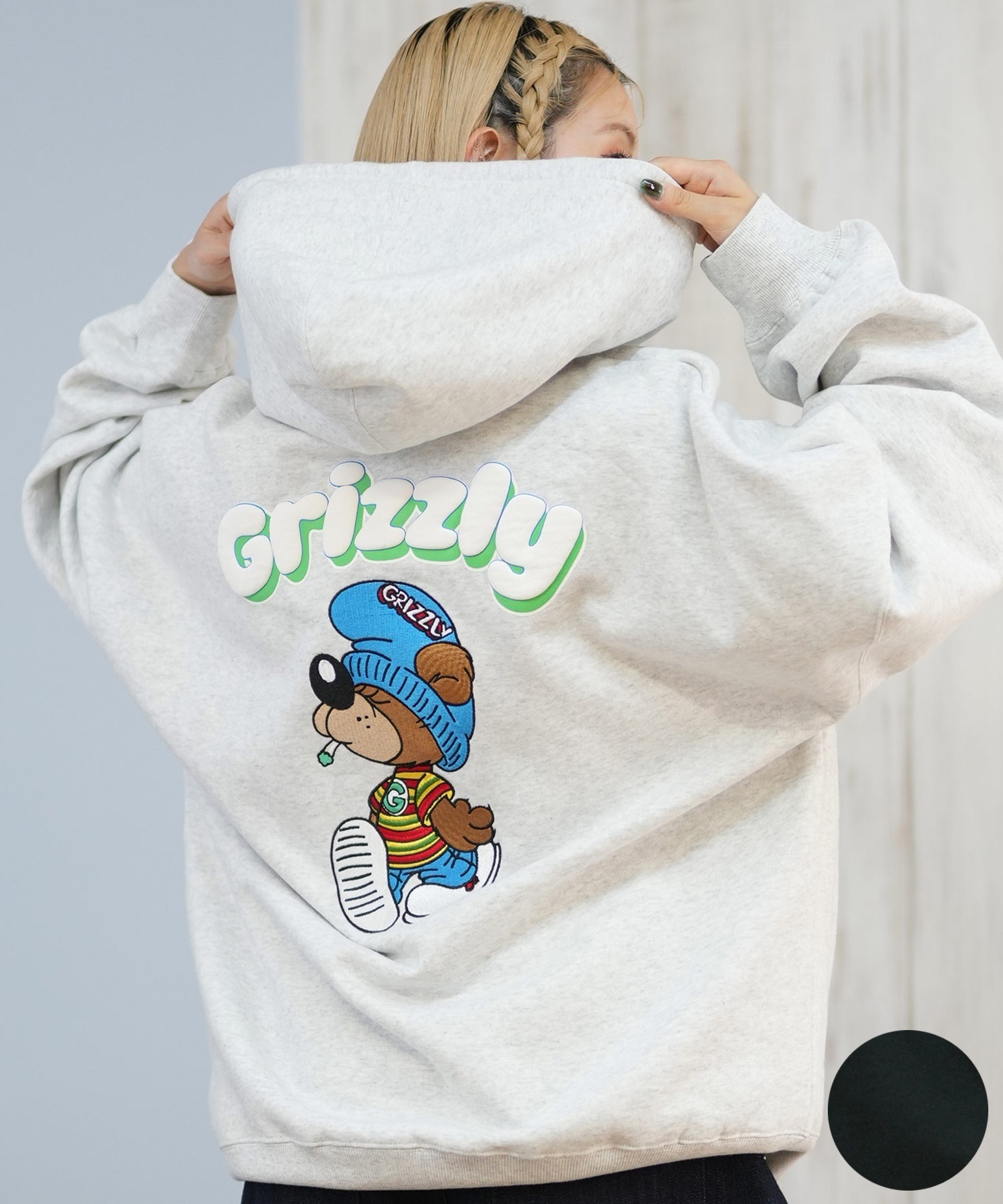 GRIZZLY グリズリー プルオーバー パーカー レディース バックプリント ロゴ KNIT HAT SMOKEY G25FW-4333(BLK-M)