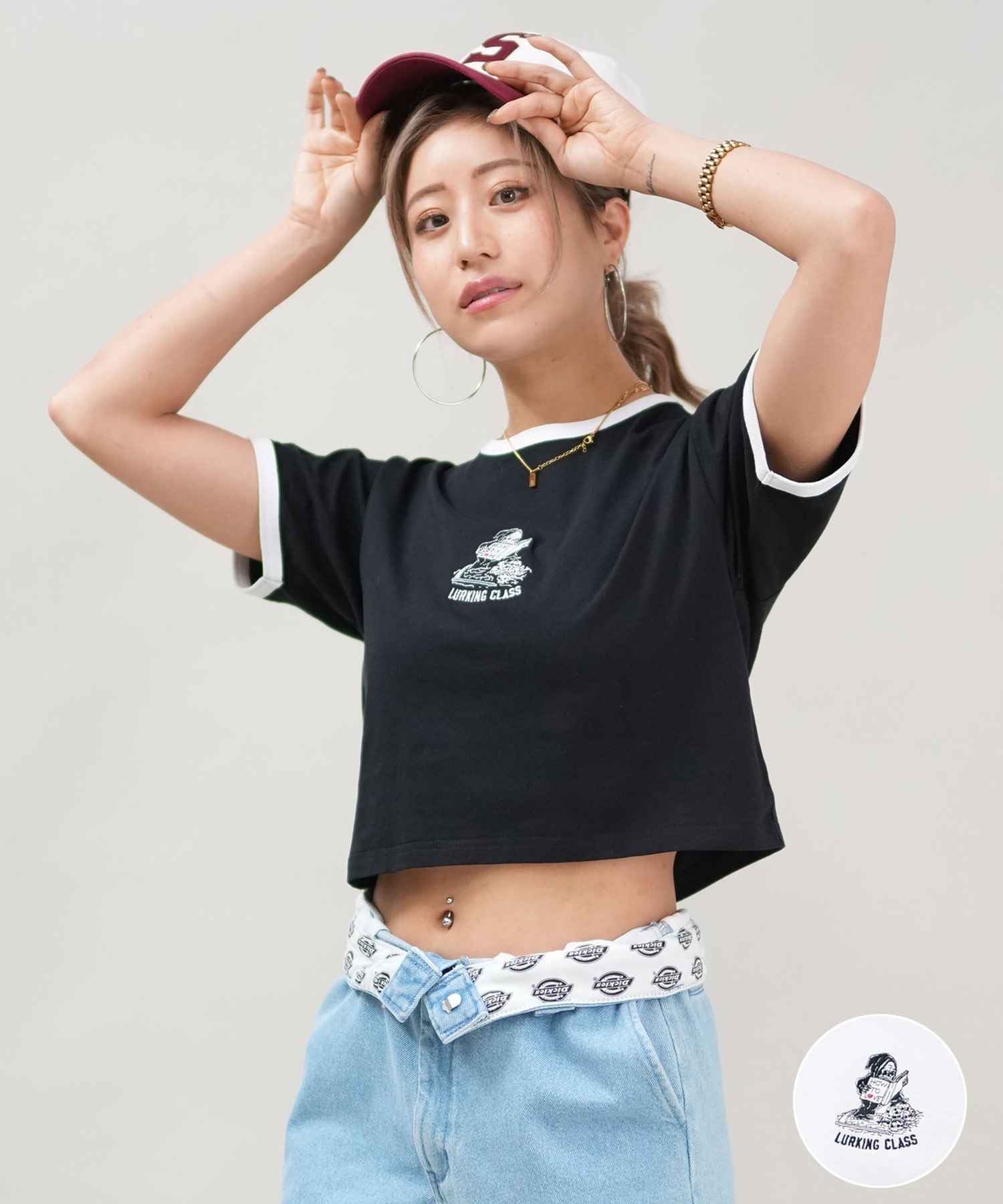 LURKING CLASS ラーキングクラス 半袖 Tシャツ レディース クロップド丈 ミニTシャツ ST25STM04W ムラサキスポーツ限定(BLACK-M)