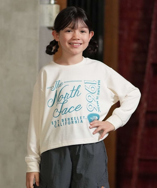 THE NORTH FACE ザ・ノース・フェイス 長袖 Tシャツ ロンT キッズ 子供 ロゴ ショート丈 速乾 UVカット ロングスリーブショートミディグラフィックティー NTJ82671