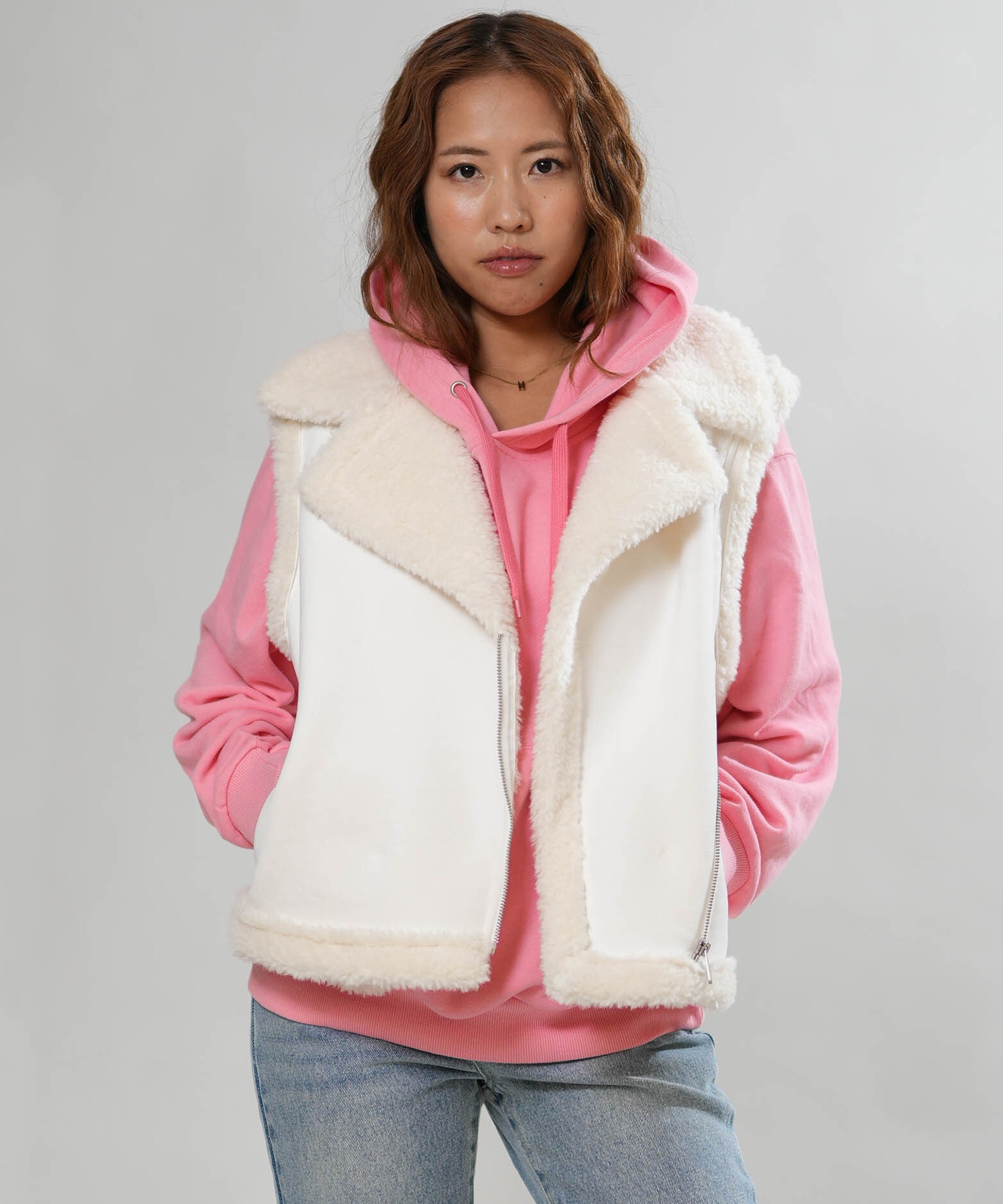 オレボレボラのフード付きハートロングベスト BILLABONG ビラボン ベスト レディース ボア ムートン RIDERS MOUTON