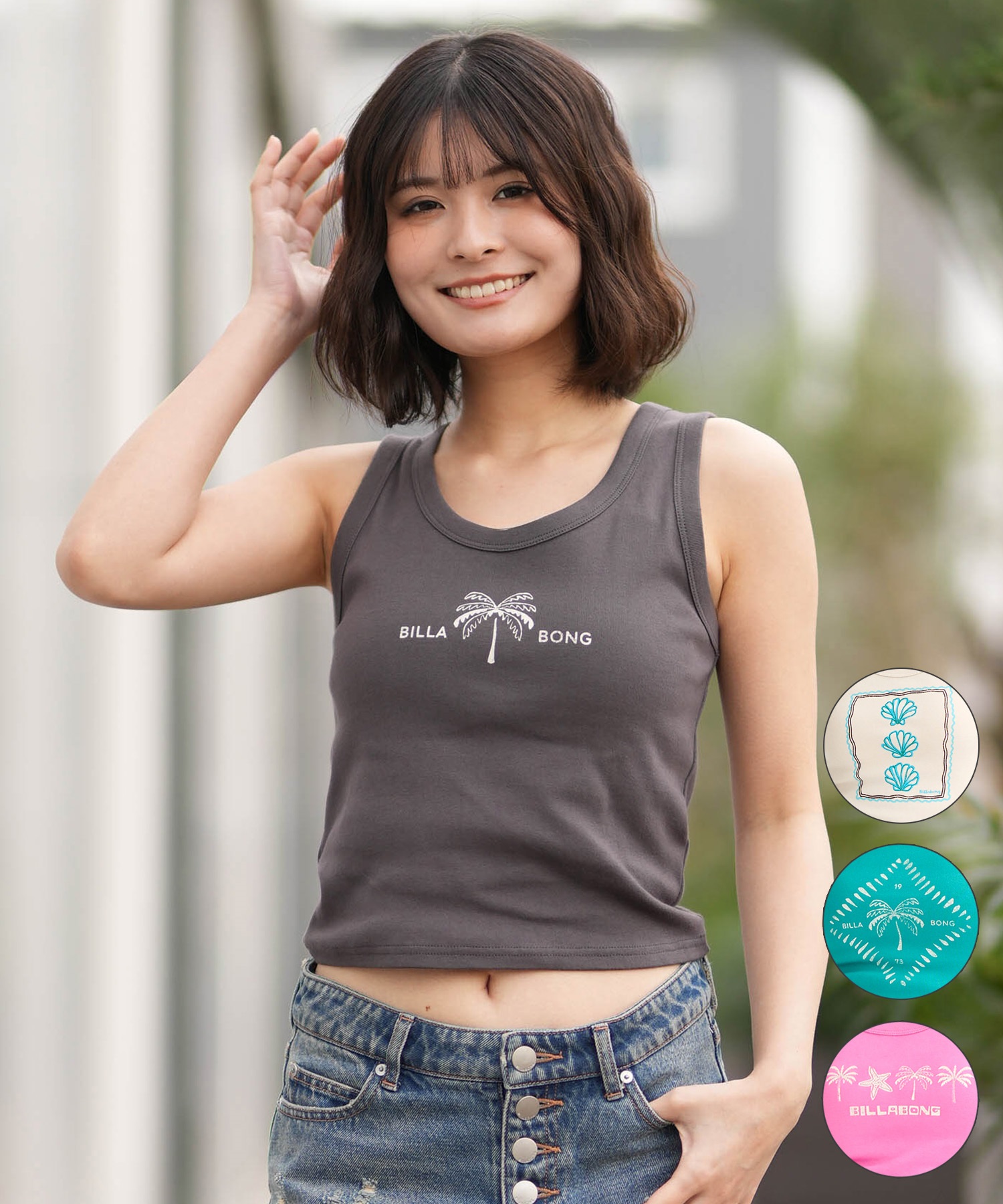 D&G BEACHWEAR ジュース柄 肩紐 リボン タンクトップ ピンク M BILLABONG ビラボン タンクトップ レディース ショート丈 BG013362
