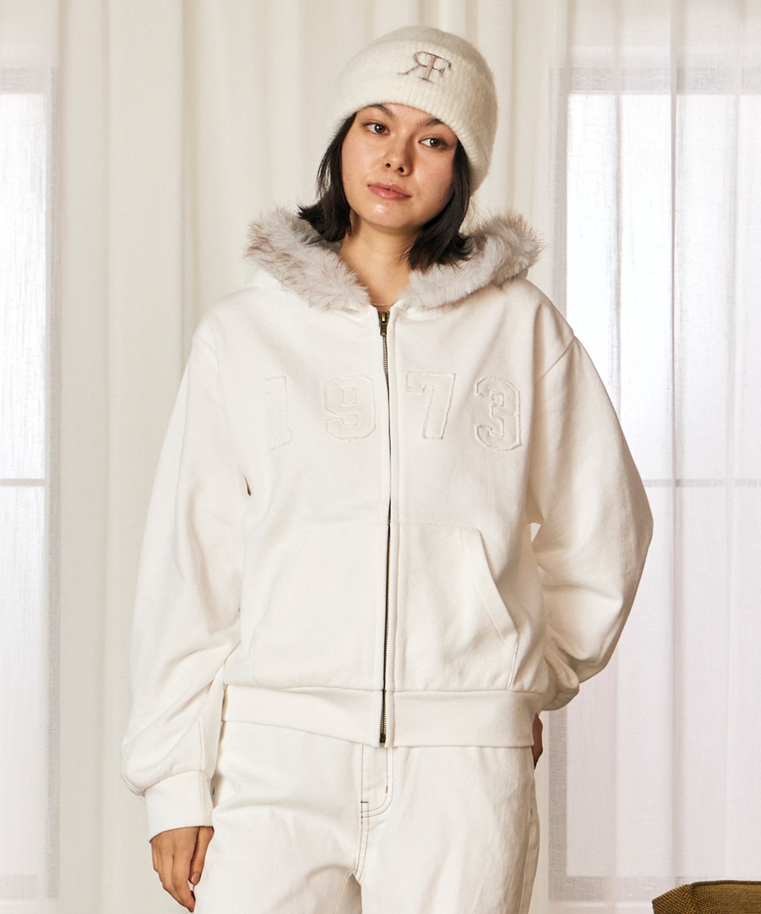 RIKKA FEMME リッカファム ジップアップ パーカー フーディー レディース スウェット 裏毛 ファー付き ロゴ刺繍 RF6F-1202(WHT-FREE)
