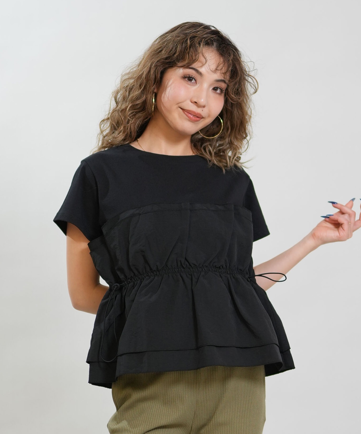 RIKKA FEMME リッカファム 半袖 Tシャツ レディース ドロスト ギャザー ドッキングカットソー RF6S-2106(BLK-FREE)