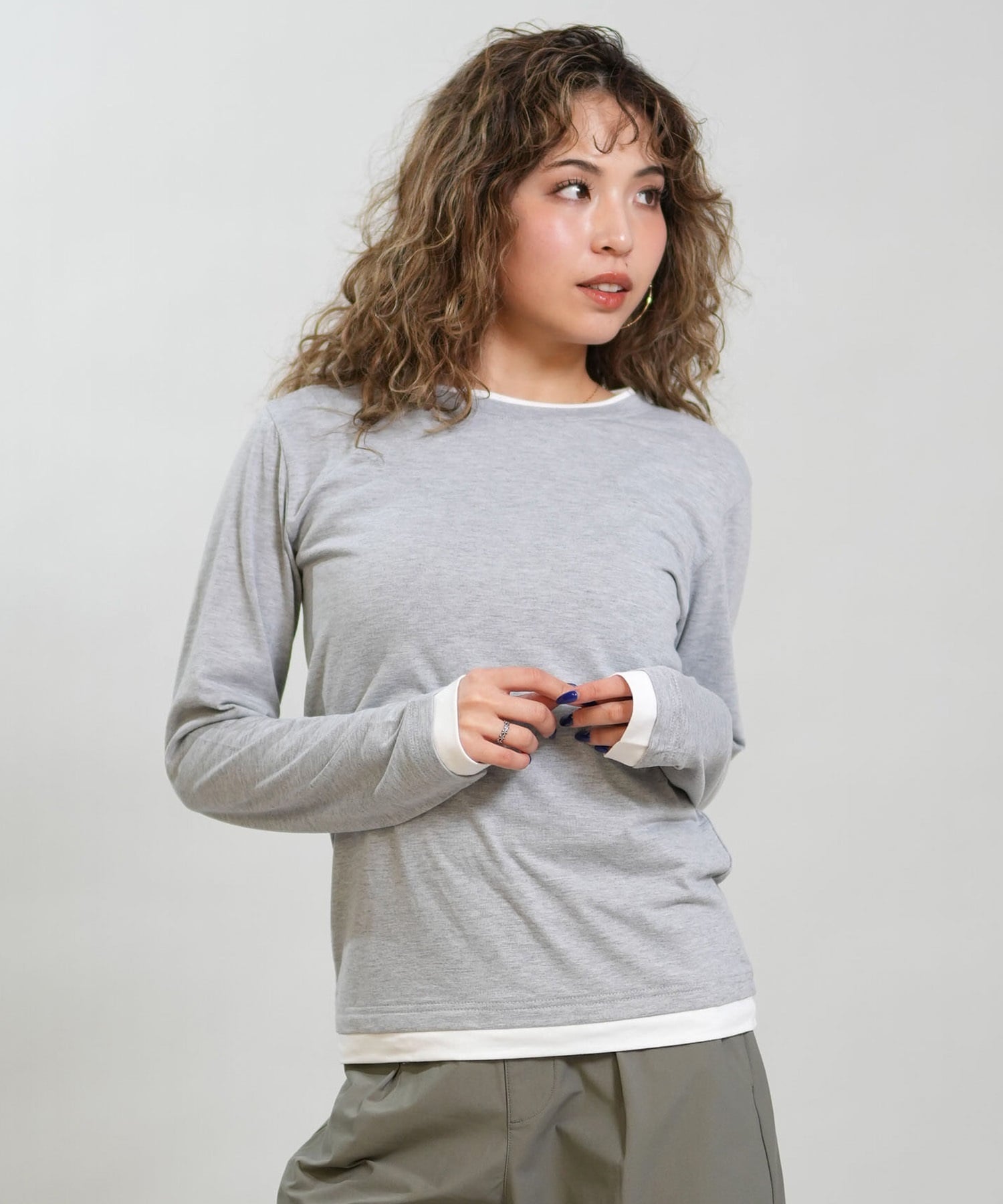 RIKKA FEMME リッカファム 長袖 Tシャツ ロンT レディース 重ね着風 UVカット 接触冷感 RF6S-2202(GRY-SM)