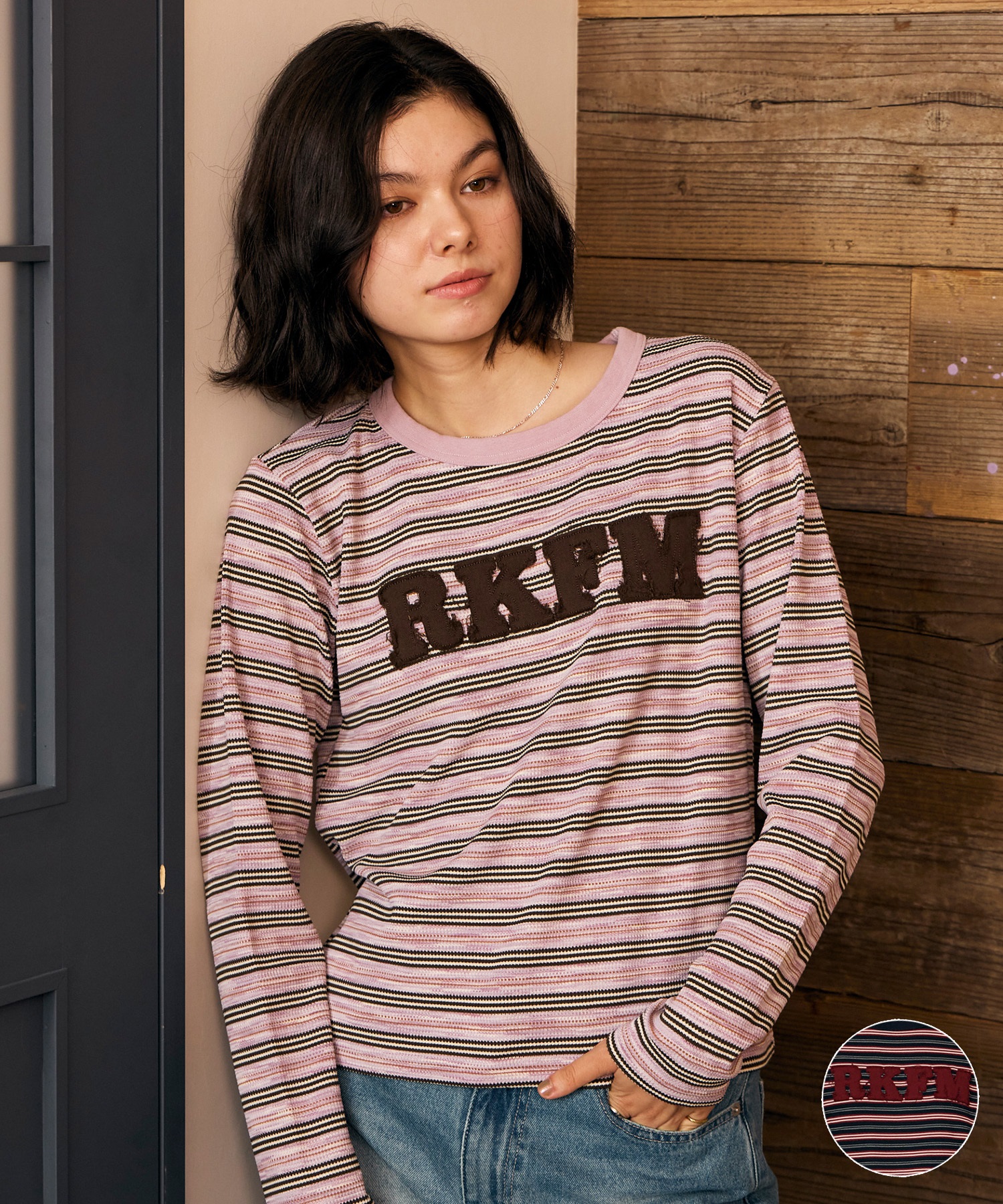 RIKKA FEMME リッカファム 長袖 Tシャツ ロンT レディース ロゴ刺繍 ボーダー柄 RF6F-2204(NVY-SM)
