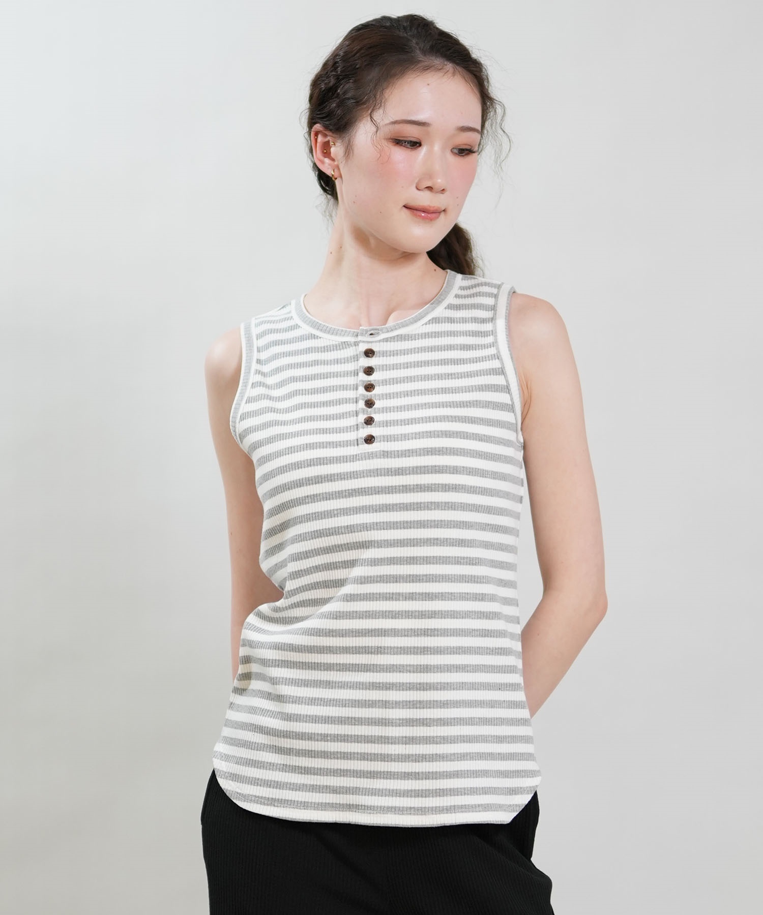 RIKKA FEMME リッカファム タンクトップ レディース ボーダー リブ ヘンリータンクトップ RF6S-2301(WT/GY-FREE)